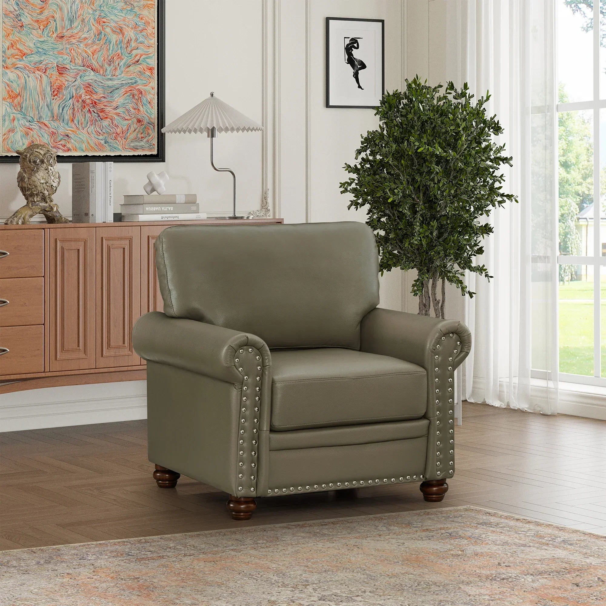 Single Seat Living Room Sofa Chair With Wood Legs, Grey Faux Leather