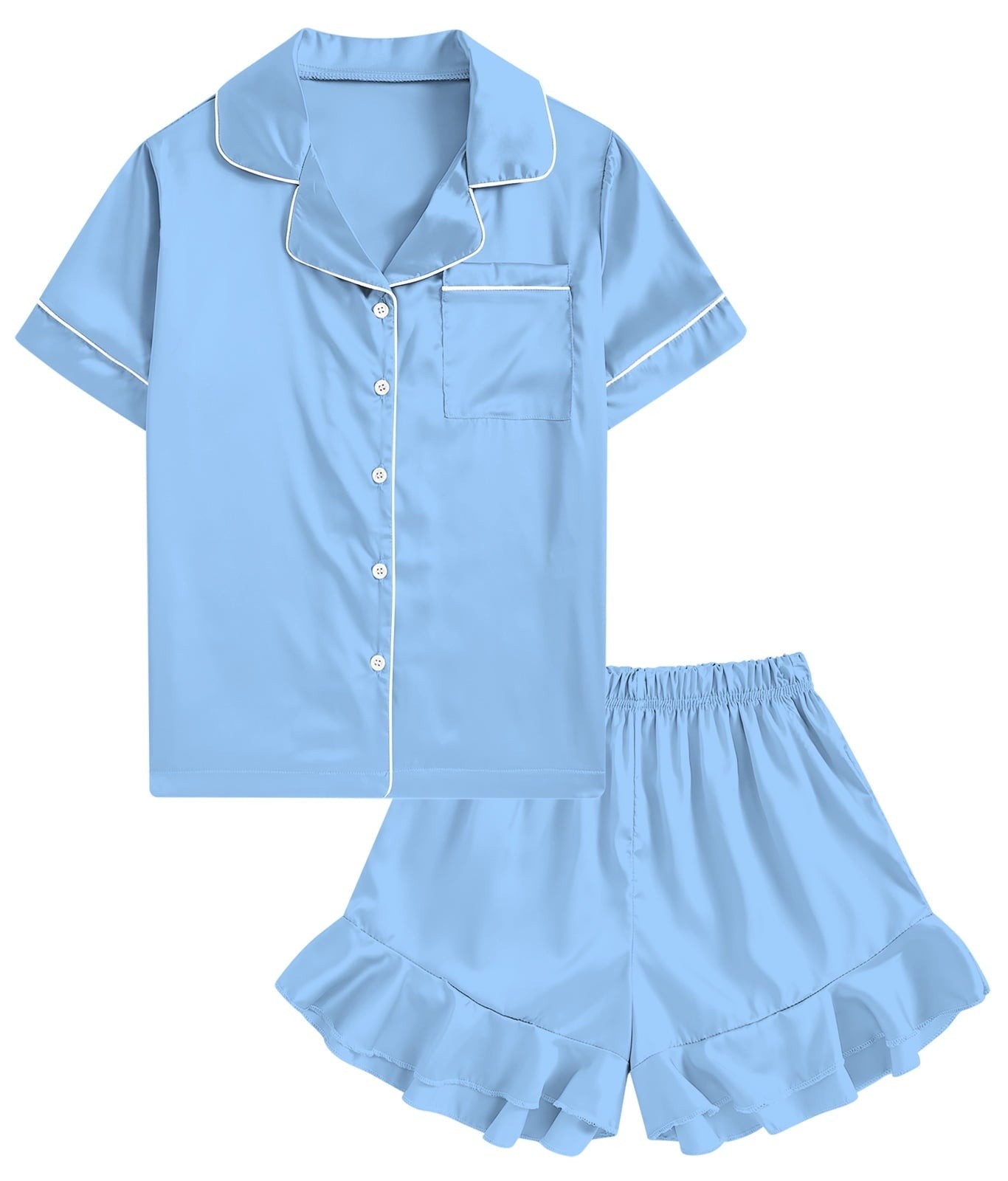 Aideaone Girls Satin Pajama Set Short Sleeve Button Down Silk Sleepwear 2 Piece Summer Loungewear for Child Girl 6-14Y