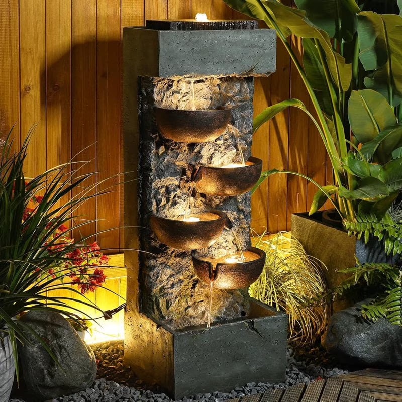Floor Standing Cascading Bowl Water Fountain With LED Lights, 15.6 inch L x 13.2 inch W x 43 inch H