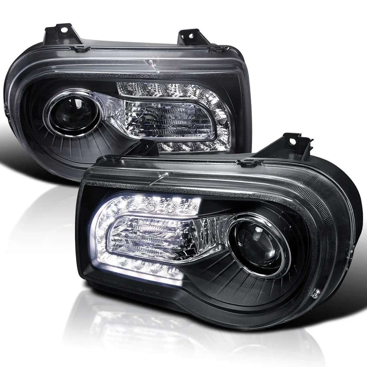 Spec-D Tuning Black LED Strip Projector Headlight Assembly Pair - 2005-2010 Chrysler 300C AWD HEMI SRT-8