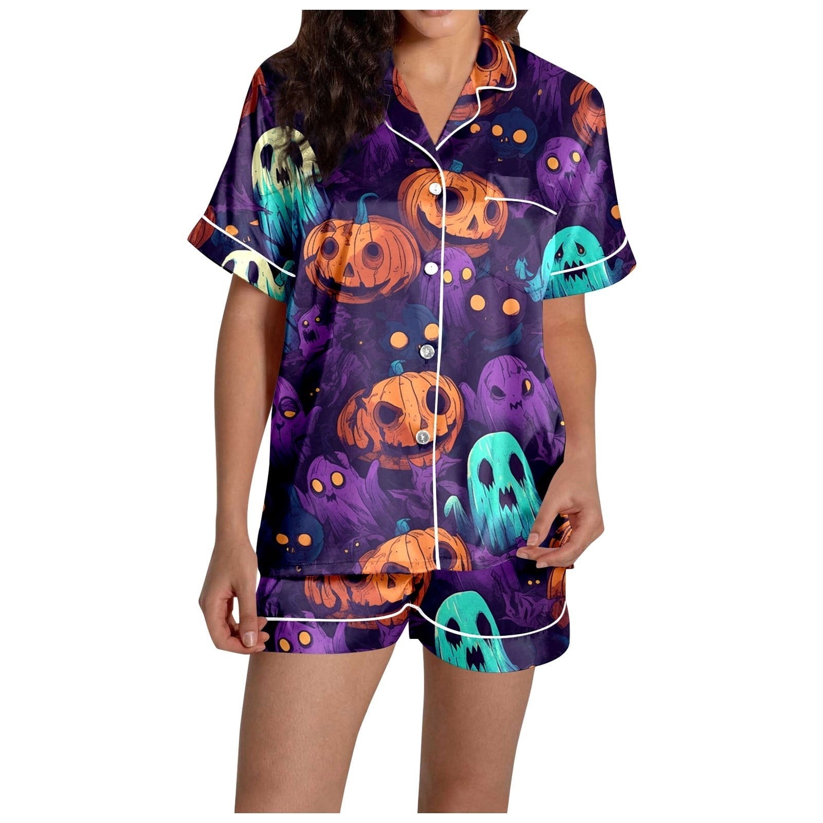 MEZZALL Women Halloween Printed Pajama With Lapel Collar Short Sleeve Tops And Shorts For Home Wear Cozy For Lightweight And Breathable Comfort Relaxed Fit 2 Piece Pjs