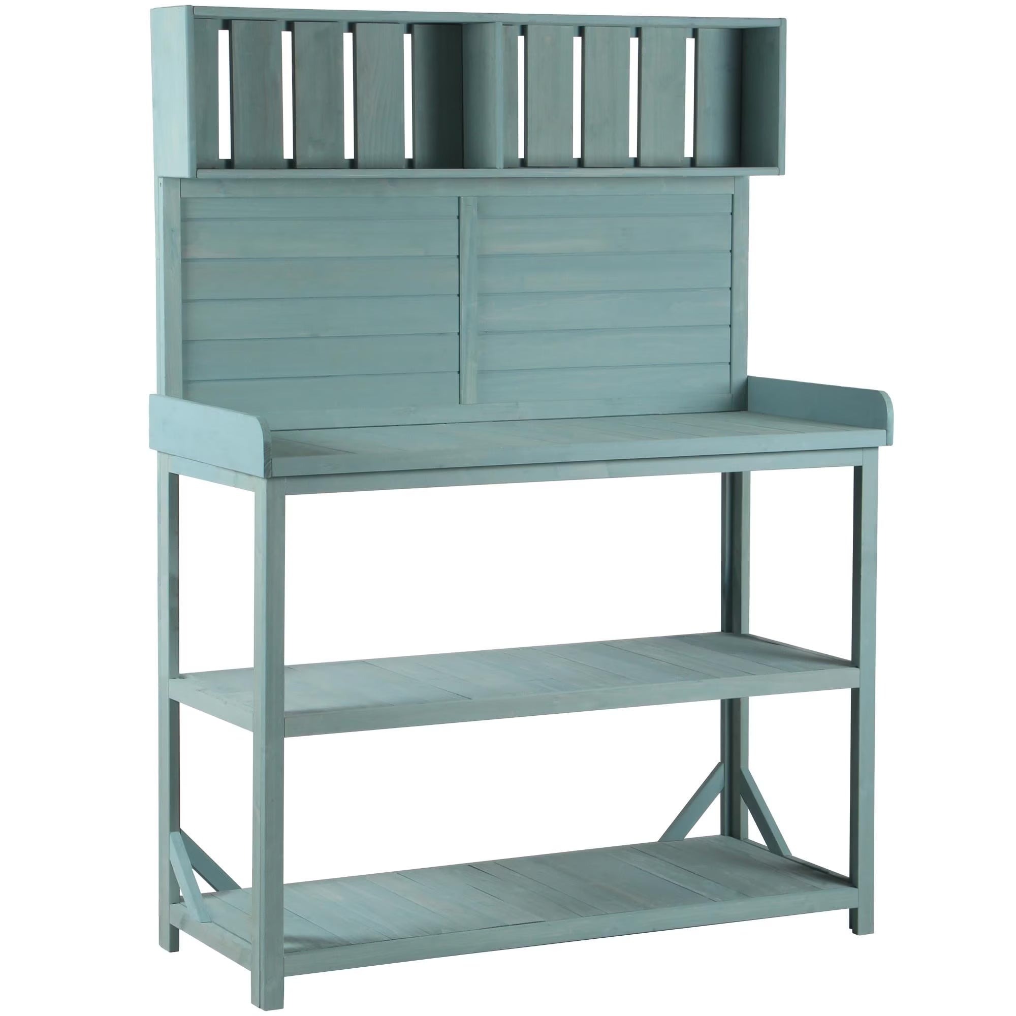 Wooden Outdoor Potting Bench Table With 4 Storage Shelves, Side Hook And Green Finish