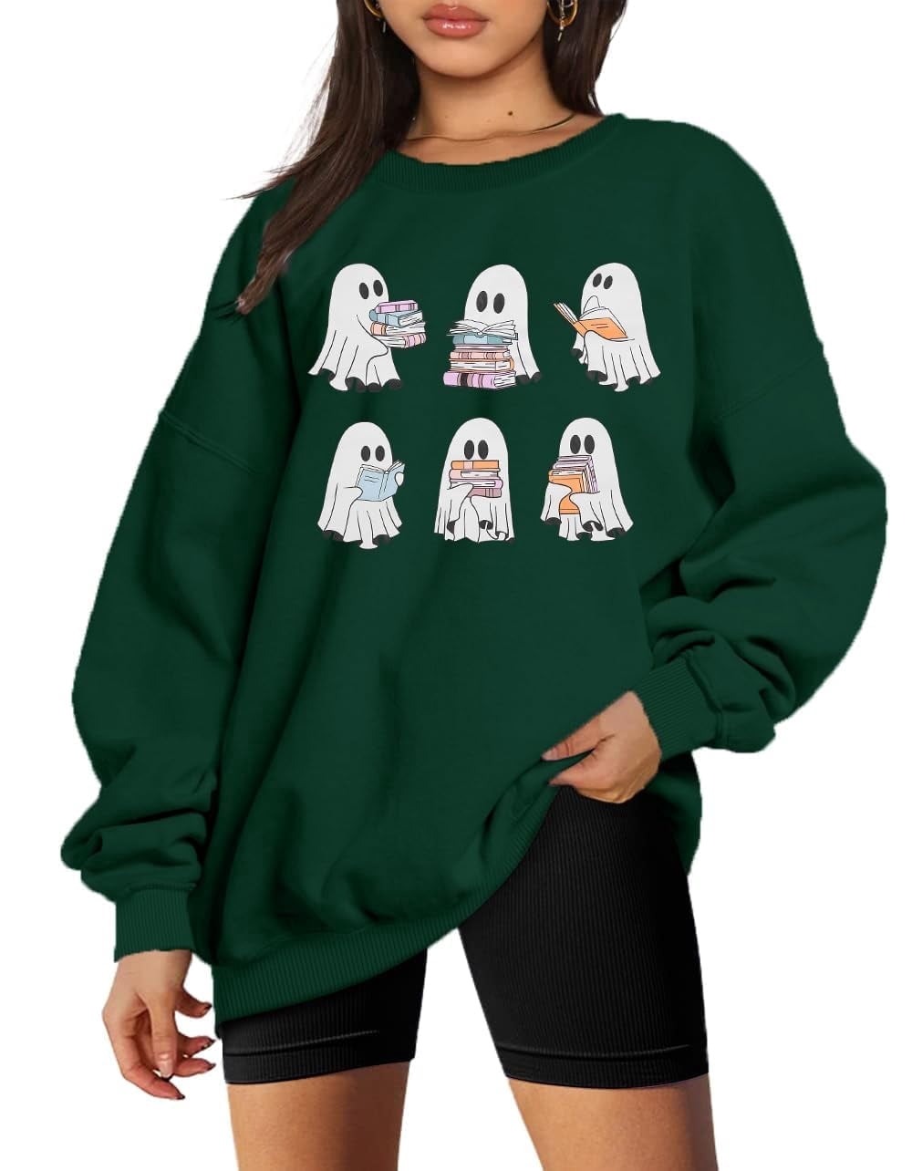 KimSoong Halloween Sweatshirts for Women Ghost Reading Books Sweater Cute Spooky Bookish Shirt Fall Pullover Tops