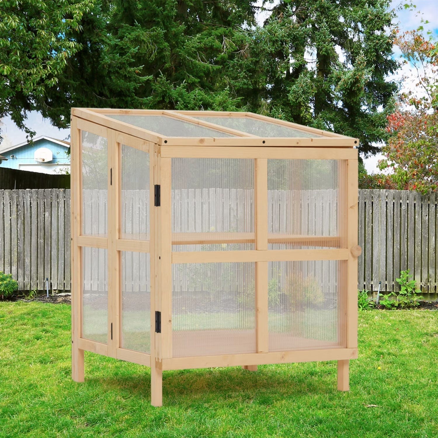Youmumeub Wooden Cold Frame Greenhouse With 2-Tier Raised Garden Planter And Polycarbonate Panels - Foldable, Natural Wood