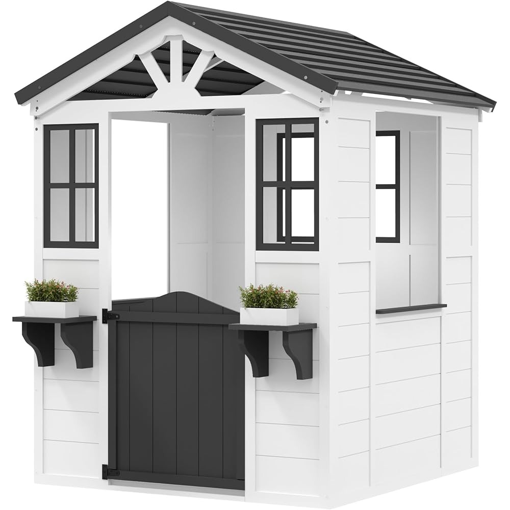 Cedar Wooden Kids Playhouse With Play Kitchen And Vinyl Roof, 44.1in L x 46.5in W x 59.5in H