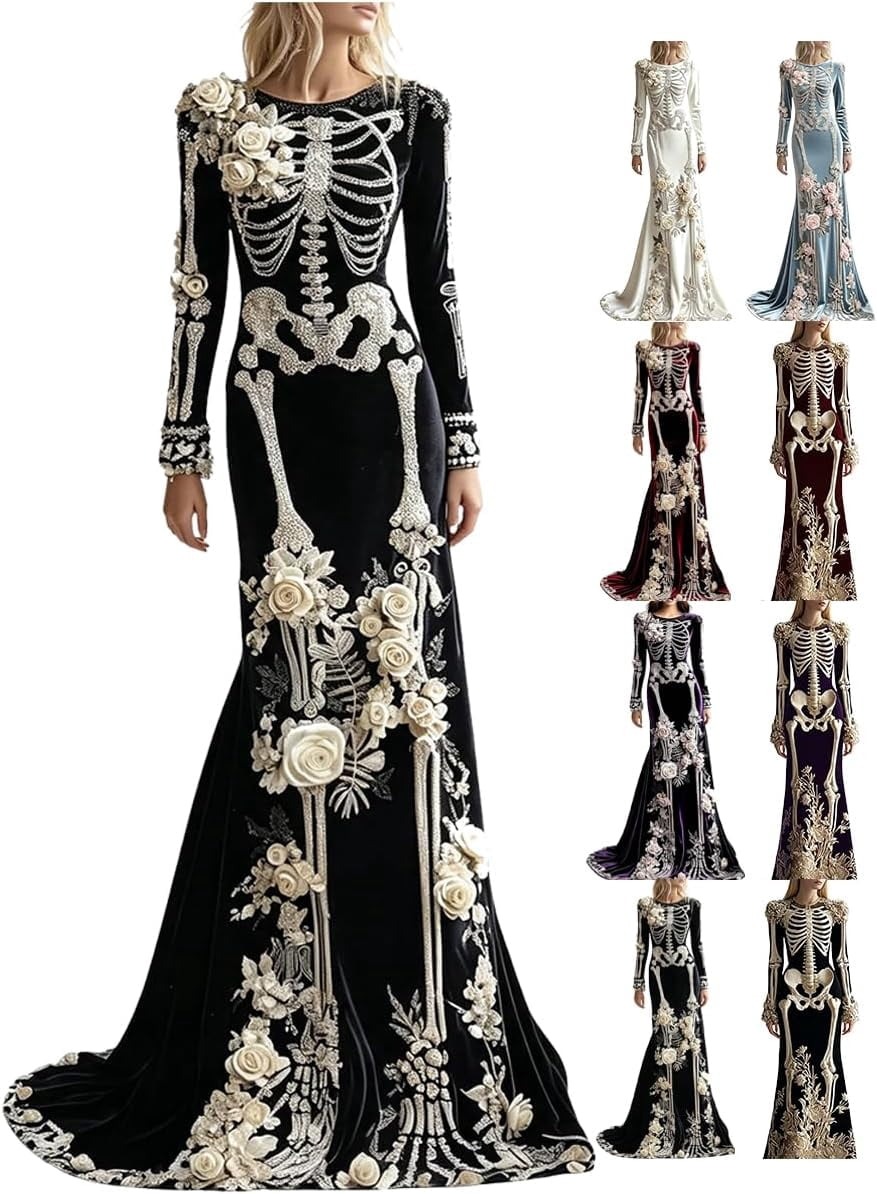Women Skeleton Dress 3D Print Velvet Floral Long Sleeve Halloween Costumes, Skeleton Costume for Women Cosplay Party