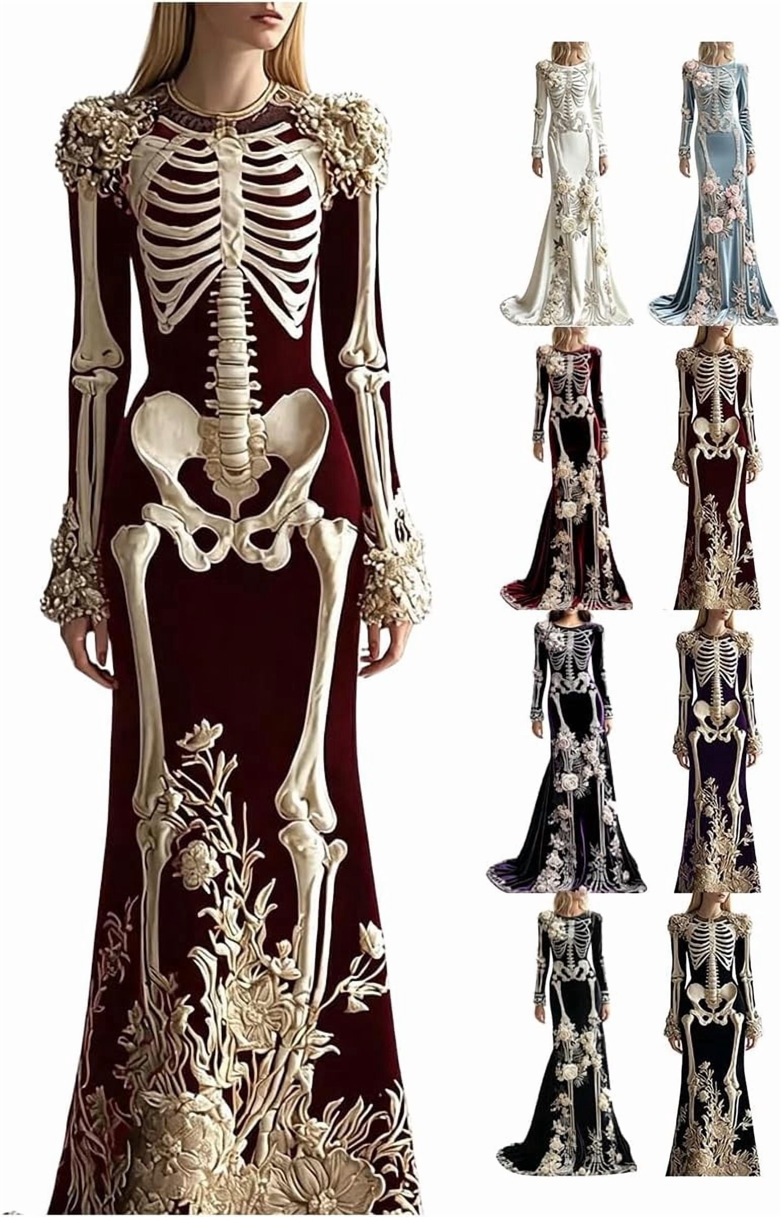 Women Skeleton Dress 3D Print Velvet Floral Long Sleeve Halloween Costumes, Skeleton Costume for Women Cosplay Party