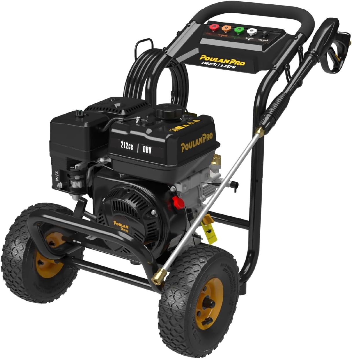 Poulan Pro Gas Pressure Washer 3400 PSI 2.6 GPM 212cc 4-Cycle With 30ft Hose, 21 Inch Lance, 5 Nozzles