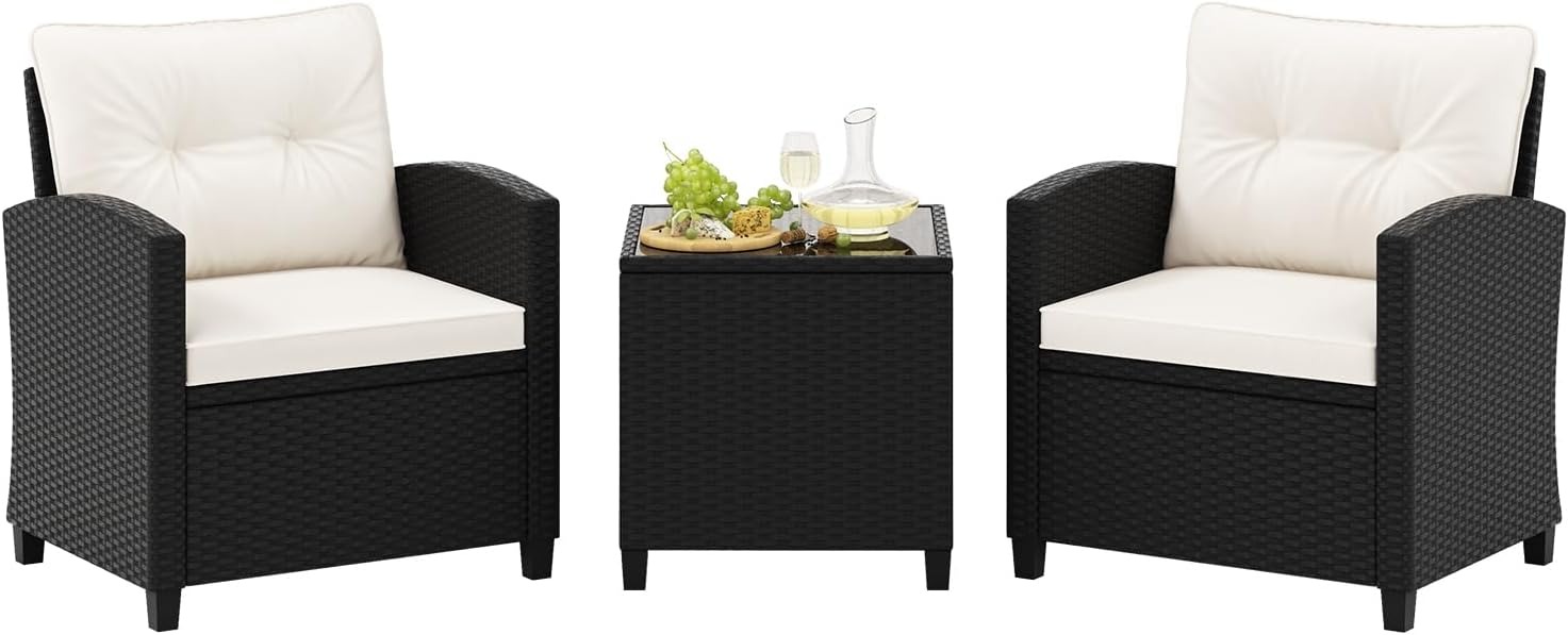 Tangkula 3-Piece Patio Rattan Conversation Set With Cushions And Glass-Topped Coffee Table
