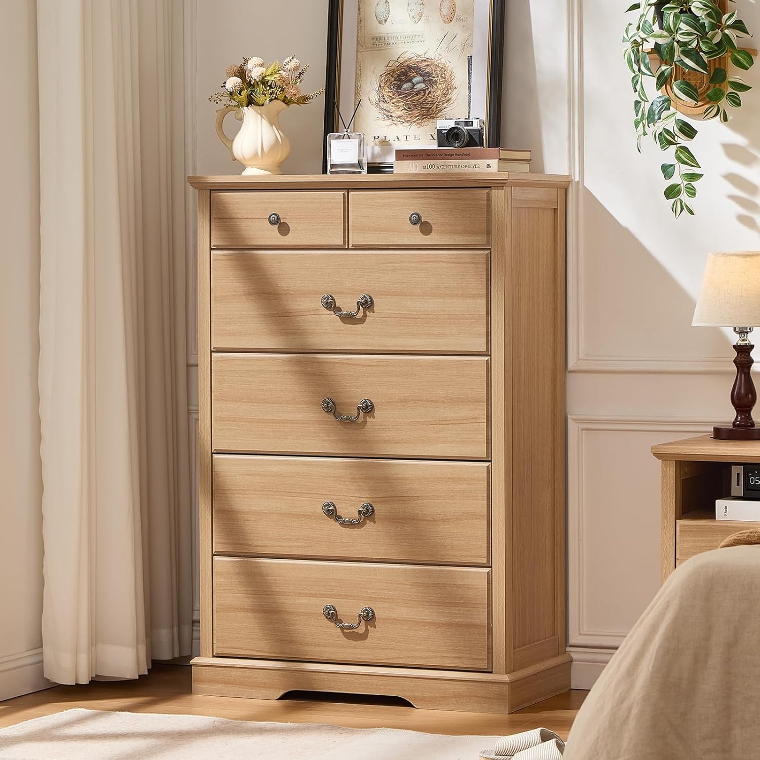 Farmhouse 6-Drawer Wood Dresser, Natural, 31.5 x 15.5 x 47 Inch