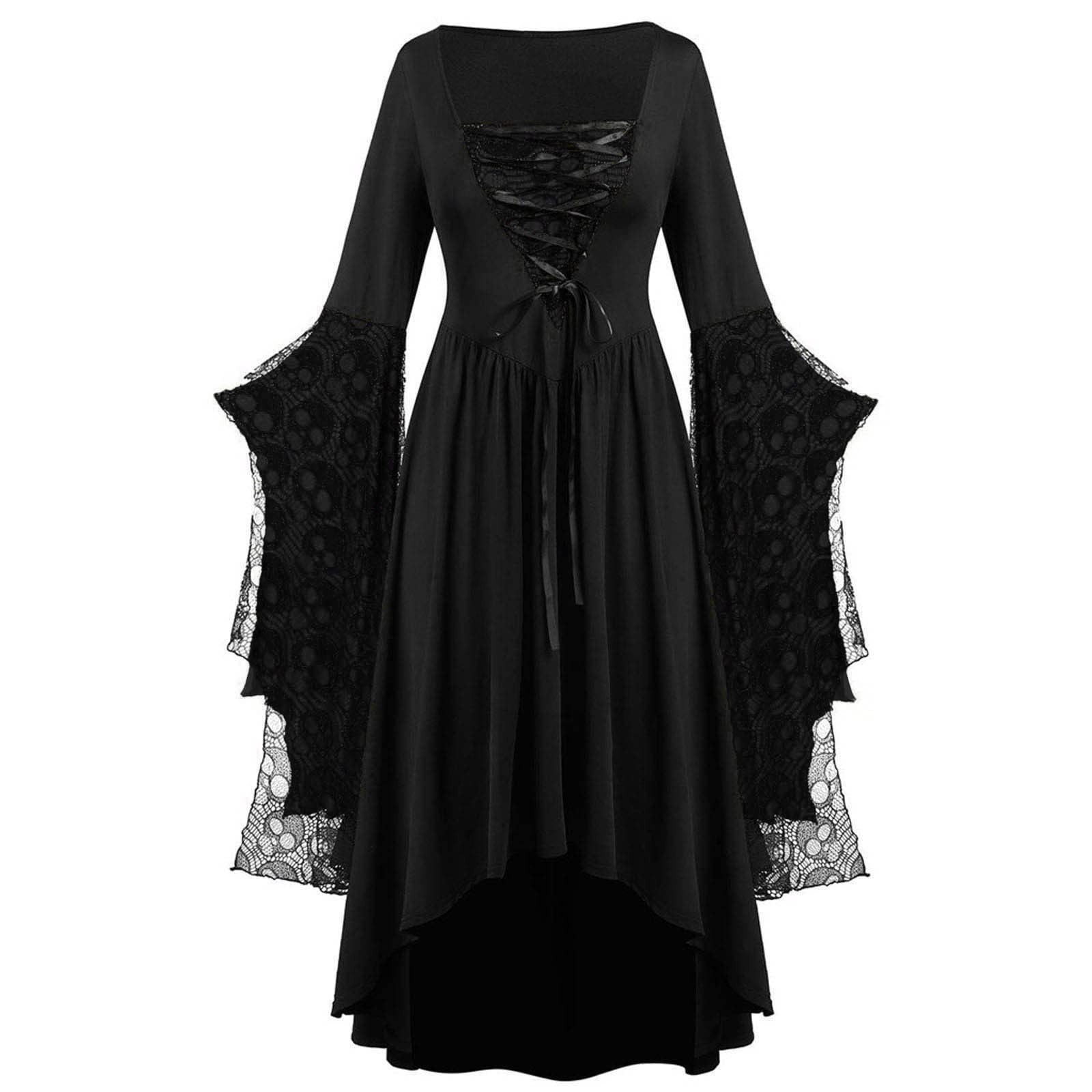 Huowey Vampire Gothic Dresses Women Halloween LaceâUp Waist High-Low Fancy Cosplay Party Gown Square Neck Long Sleeve Eye-Catching Halloween Dress, Green