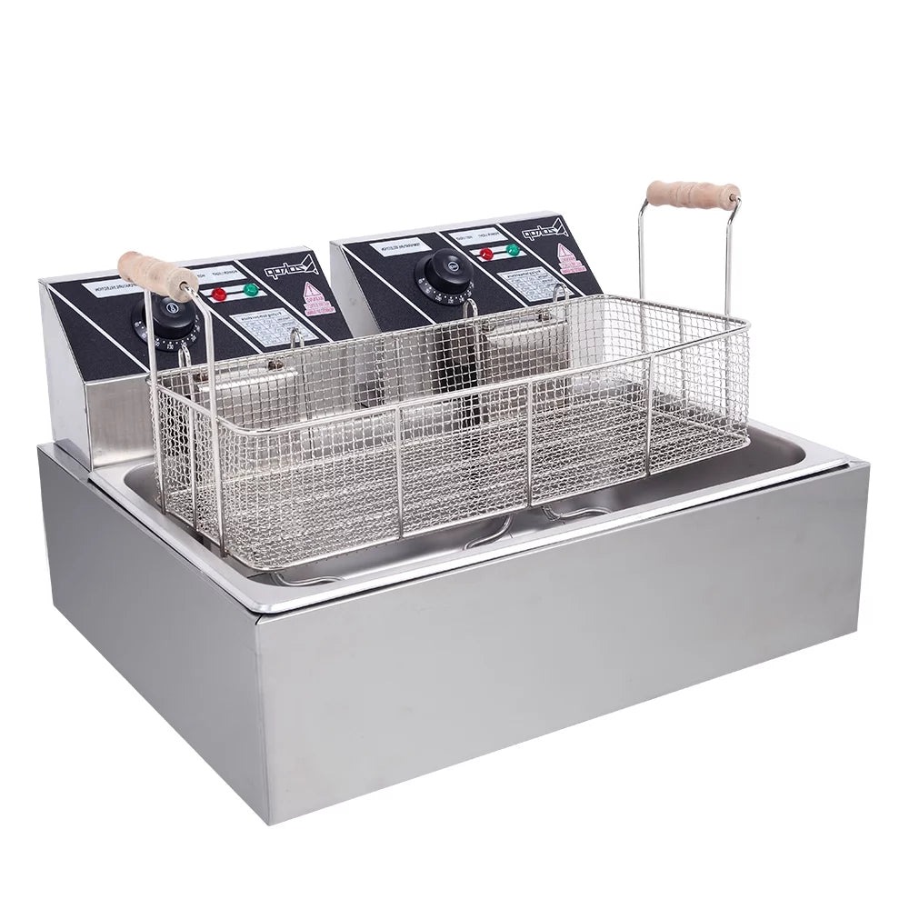 ZOKOP 12.7Qt Stainless Steel Single-Cylinder Electric Deep Fryer, Silver, 21.7 x 17.3 x 12.2 in - 2 Heads