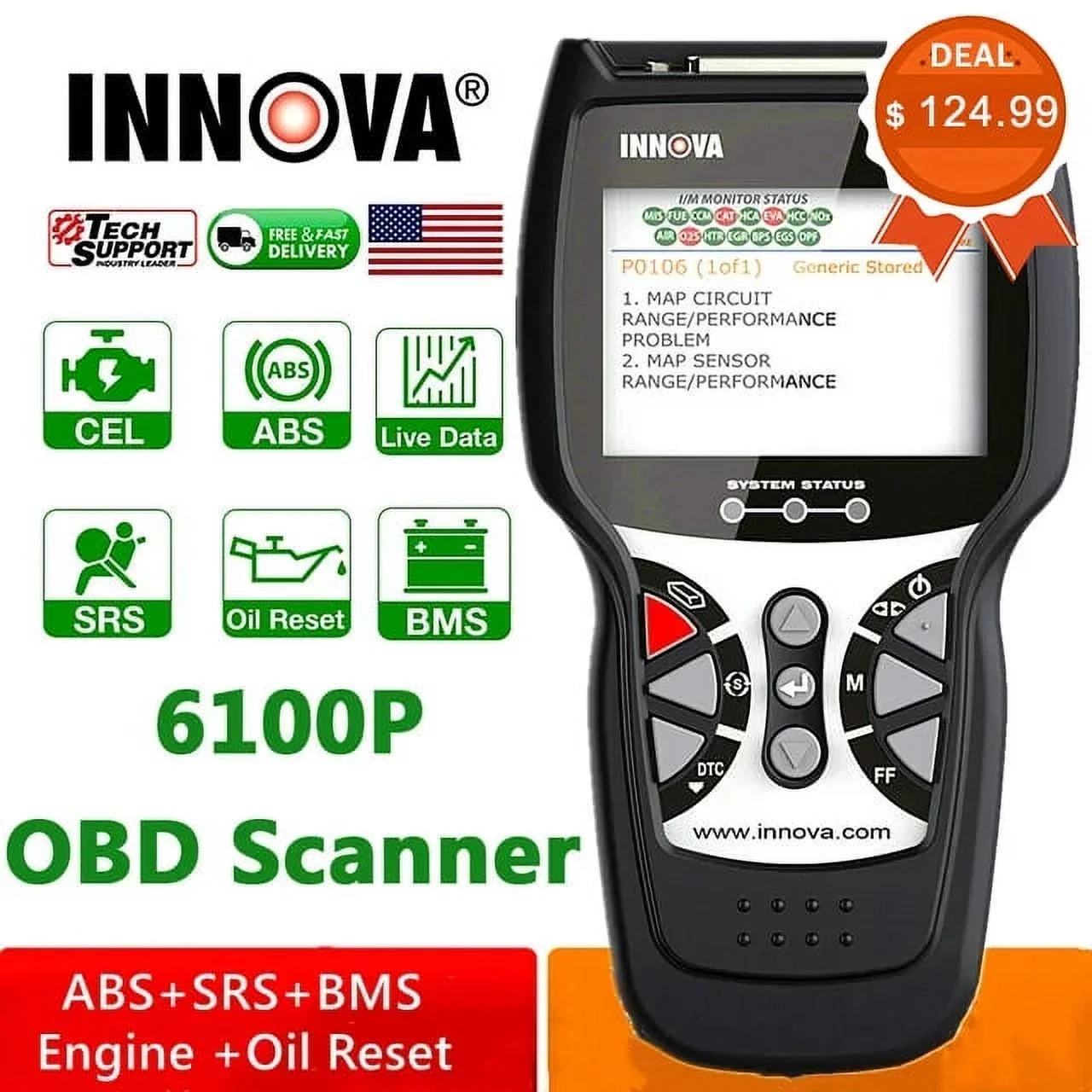 INNOVA OBD2 Automotive Diagnostic Scanner With SRS, Engine And ABS Code Reader - 6100P