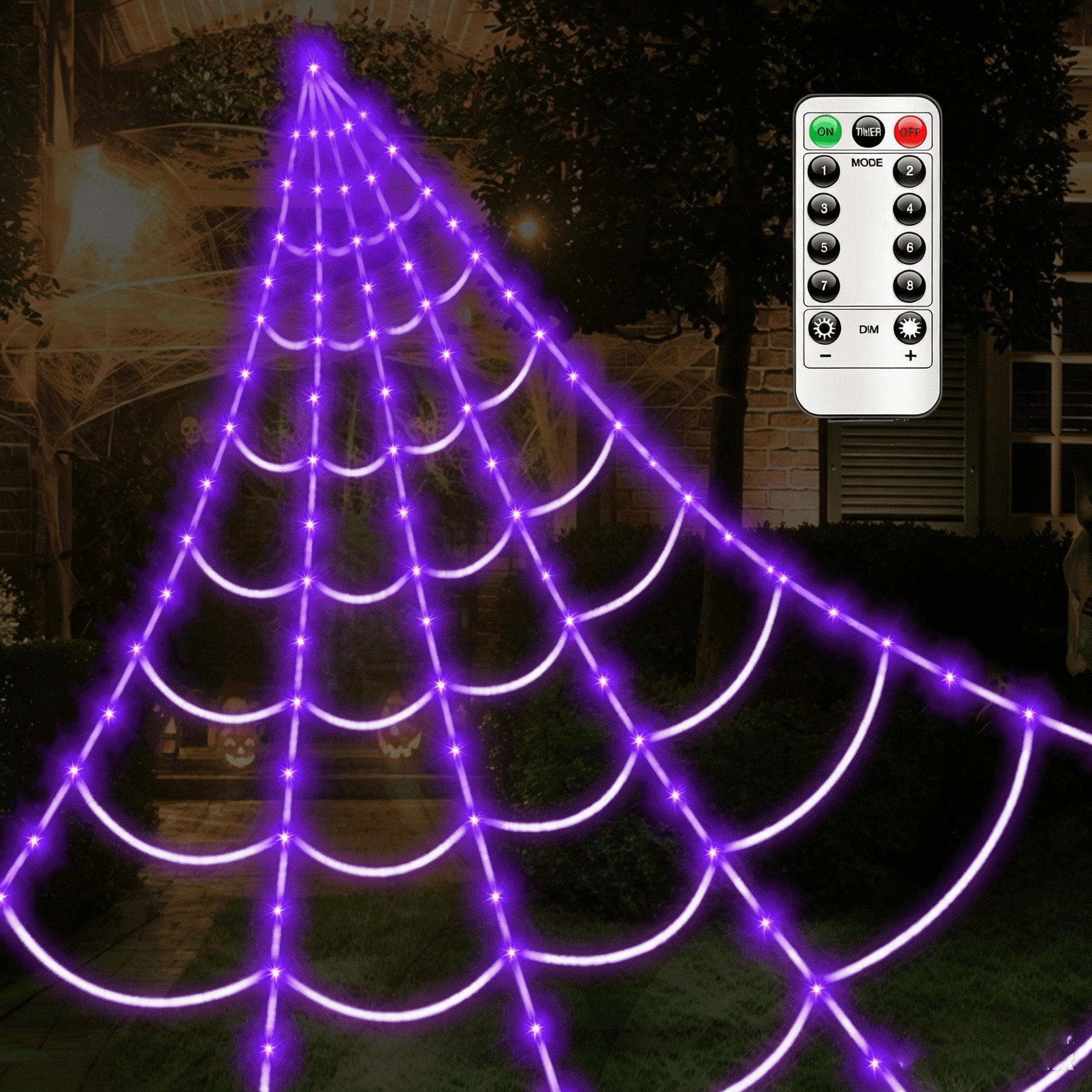 Halloween Decorations Spider Web Lights, 4FT Diameter 70 LED with Black Spider, Waterproof Net Lights, Remote Control