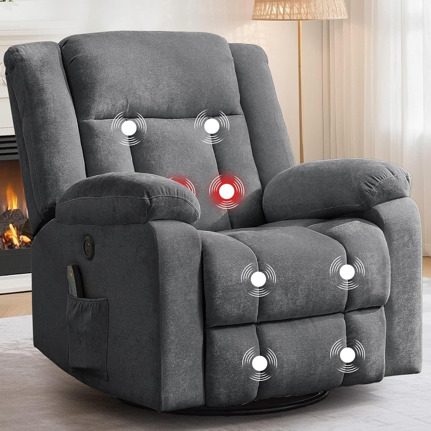 Korser Swivel Rocker Recliner Chair With Massage, Heating, USB Charging And Storage