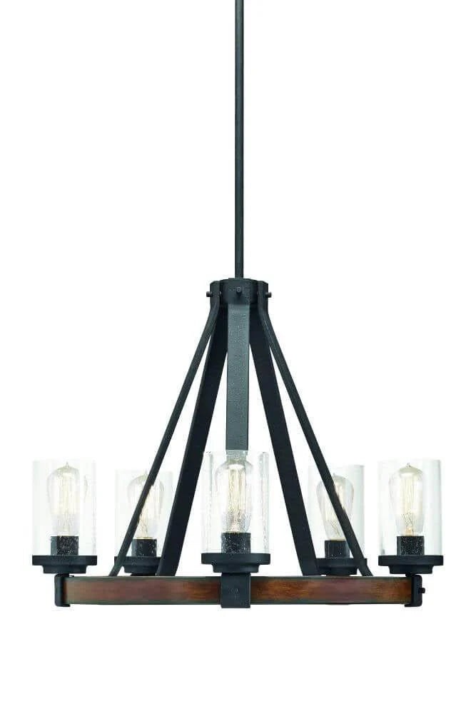5-Light Distressed Black And Wood Tone Clear Seeded Glass Candle Chandelier - 24-in W x 24-in D x 19-in H