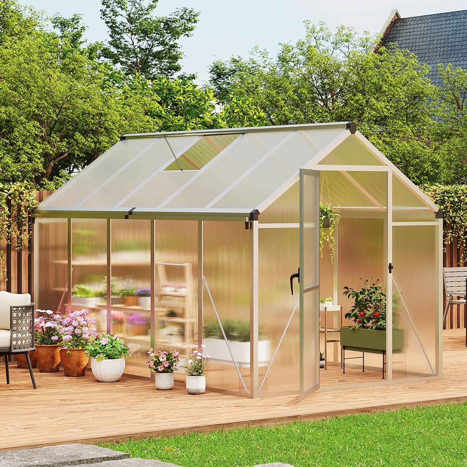 Garvee 6 x 10 ft Green Polycarbonate Greenhouse With Aluminum Frame, Lockable Door And Adjustable Roof Vent