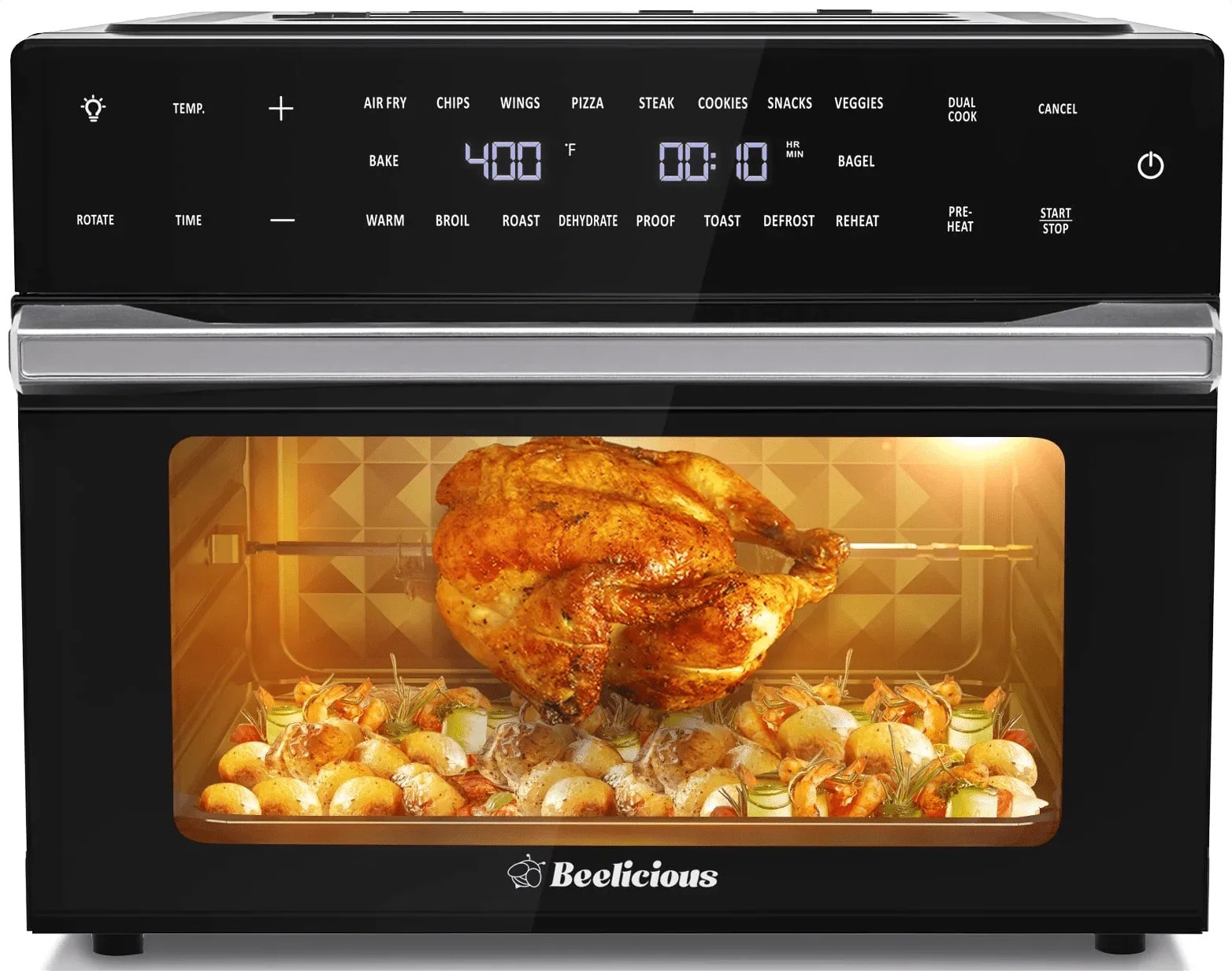 Beelicious 32QT Air Fryer Toaster Oven With Rotisserie And Dehydrator, 6 Accessories, 1800W, Black