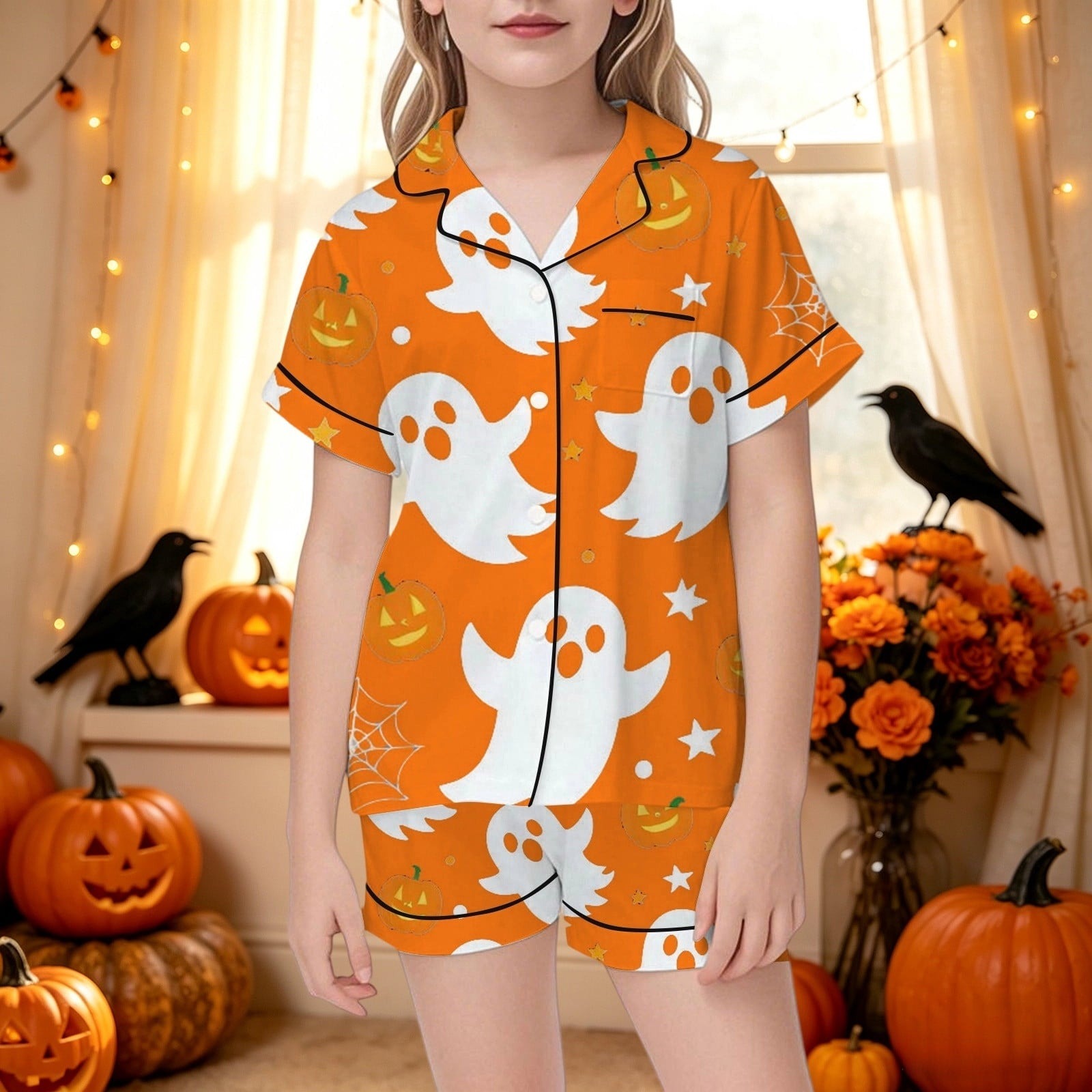 CUZIBR Girls Halloween Pajamas Sets Soft Comfortable Ghost Pumpkin Lapel Button Short Sleeve Shirt Elastic Waist Shorts 2 Pieces Sleep Loungewear Relaxed Sleepwear Outfits, Orange-C