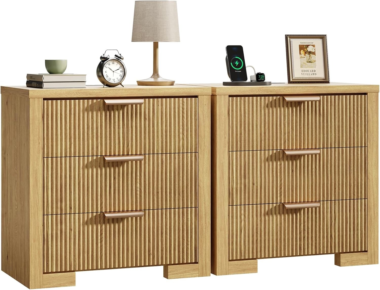 Fluted Nightstand Set Of 2 With Charging Station, 23.6 in, 3 Drawers, Natural Oak