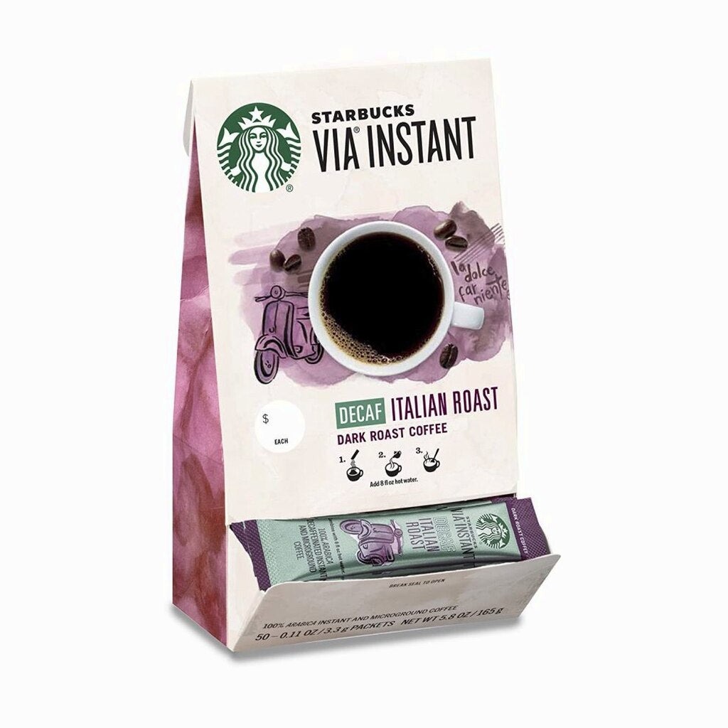 Starbucks VIA Instant Decaf Italian Roast Coffee Dark Roast 100% Arabica 50 Packets