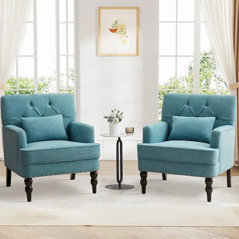 Set Of 2 Button-Tufted Upholstered Accent Armchairs With Lumbar Support Pillows