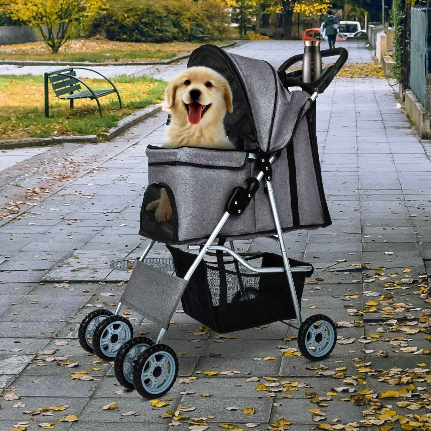 Dkelincs 4-Wheel Foldable Dog Cat Stroller Travel Carrier, Grey - 29.5in L x 18.9in W x 39.8in H