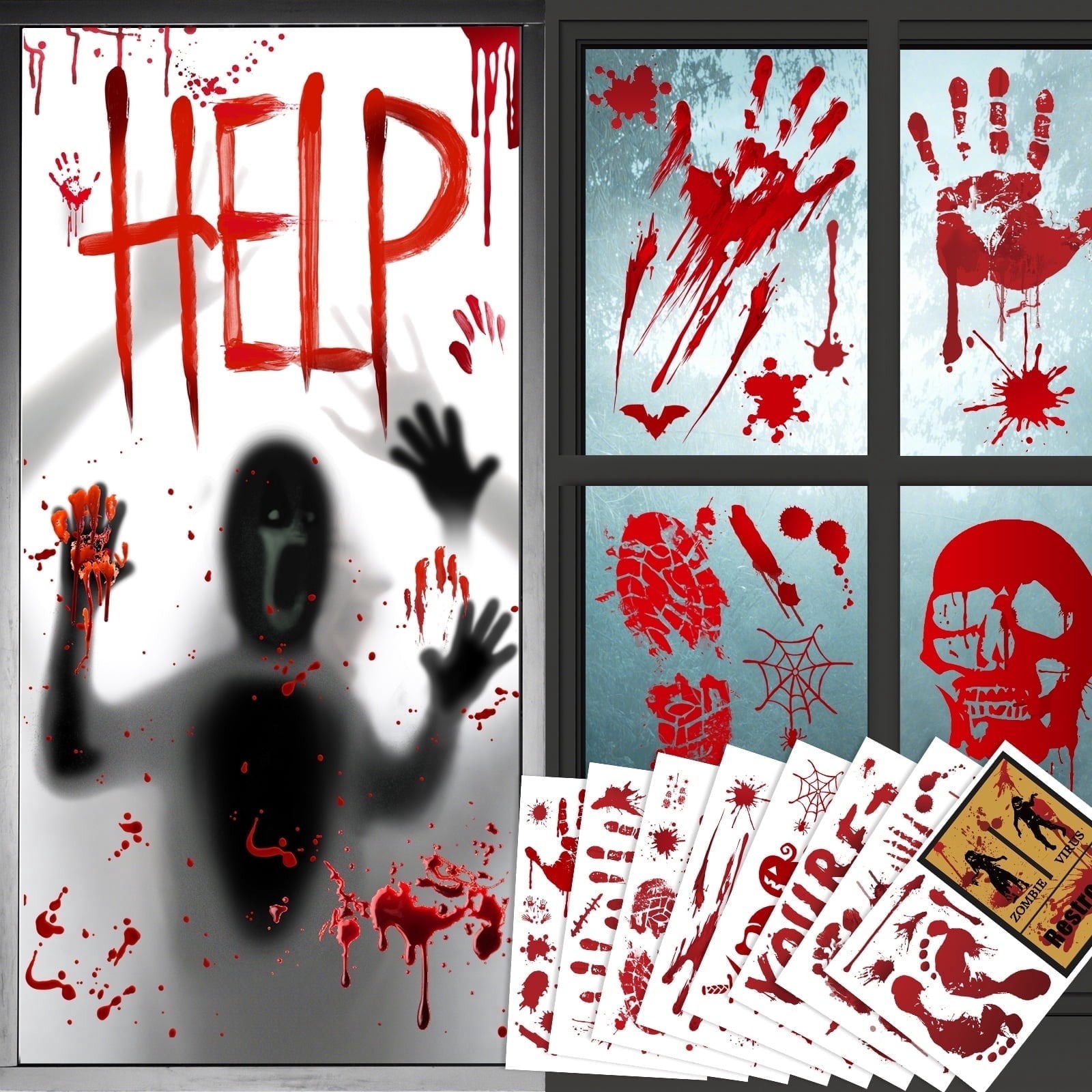 Toodour Halloween Bloody Window Clings Posters, Bloody Handprint Sticker Party Decoration for Haunted House Door Creepy School Dormitory Window