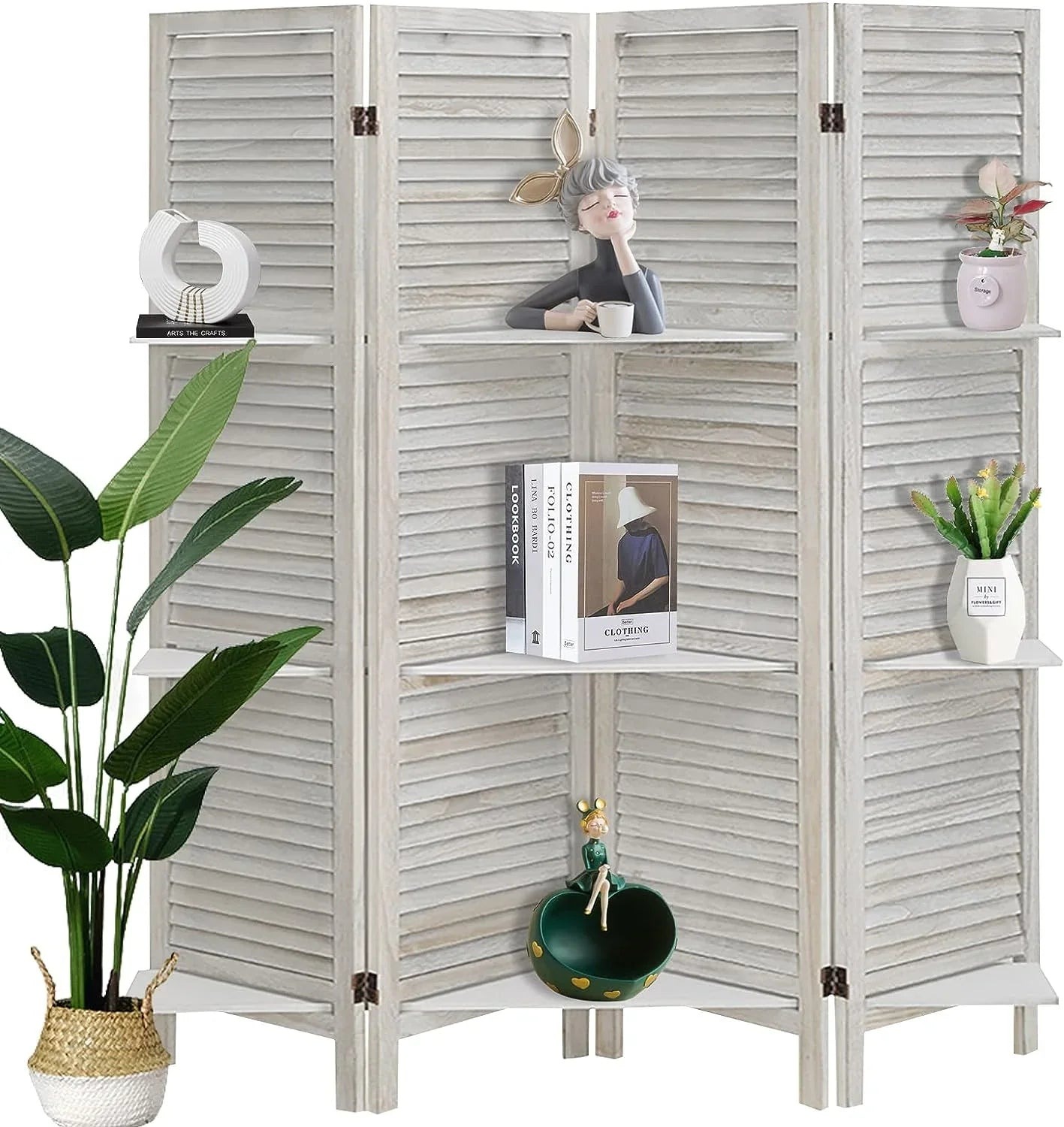 ECOMEX 4 Panel White Wood Room Divider With Shelves - 63 x 67 inch