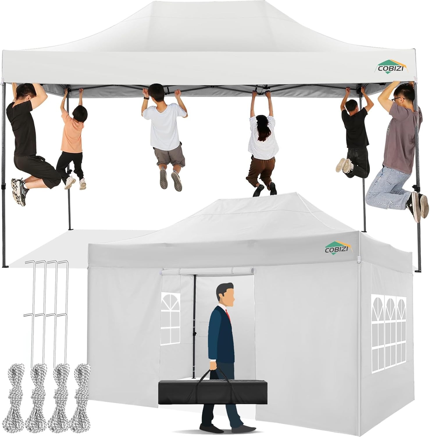 COBIZI Pop-Up Canopy Tent 10x15ft With 4 Sidewalls, White