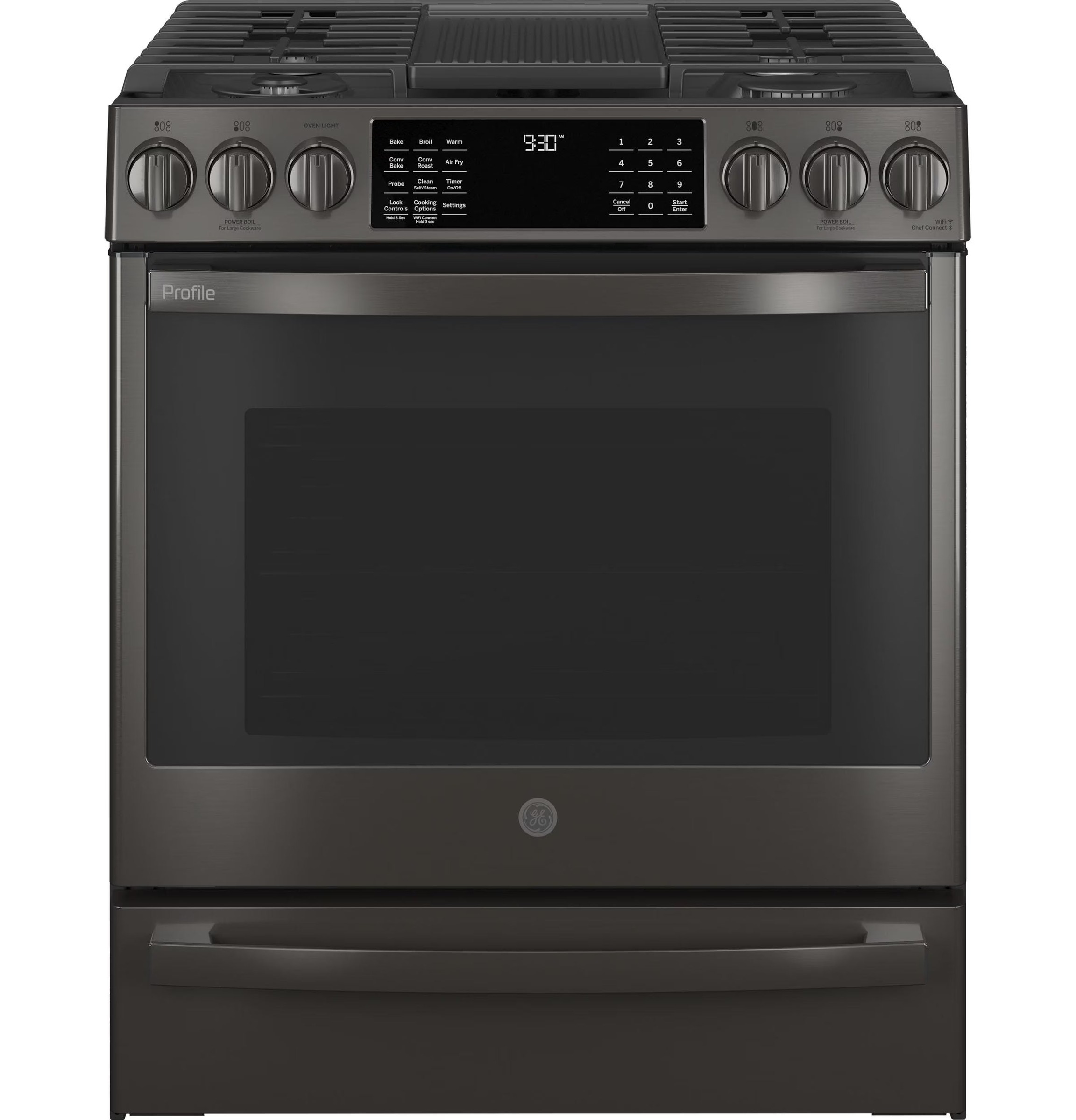 GE APPLIANCES Profile 30in Smart Slide-In Front-Control Gas Range, Black Stainless - PGS930BPTS