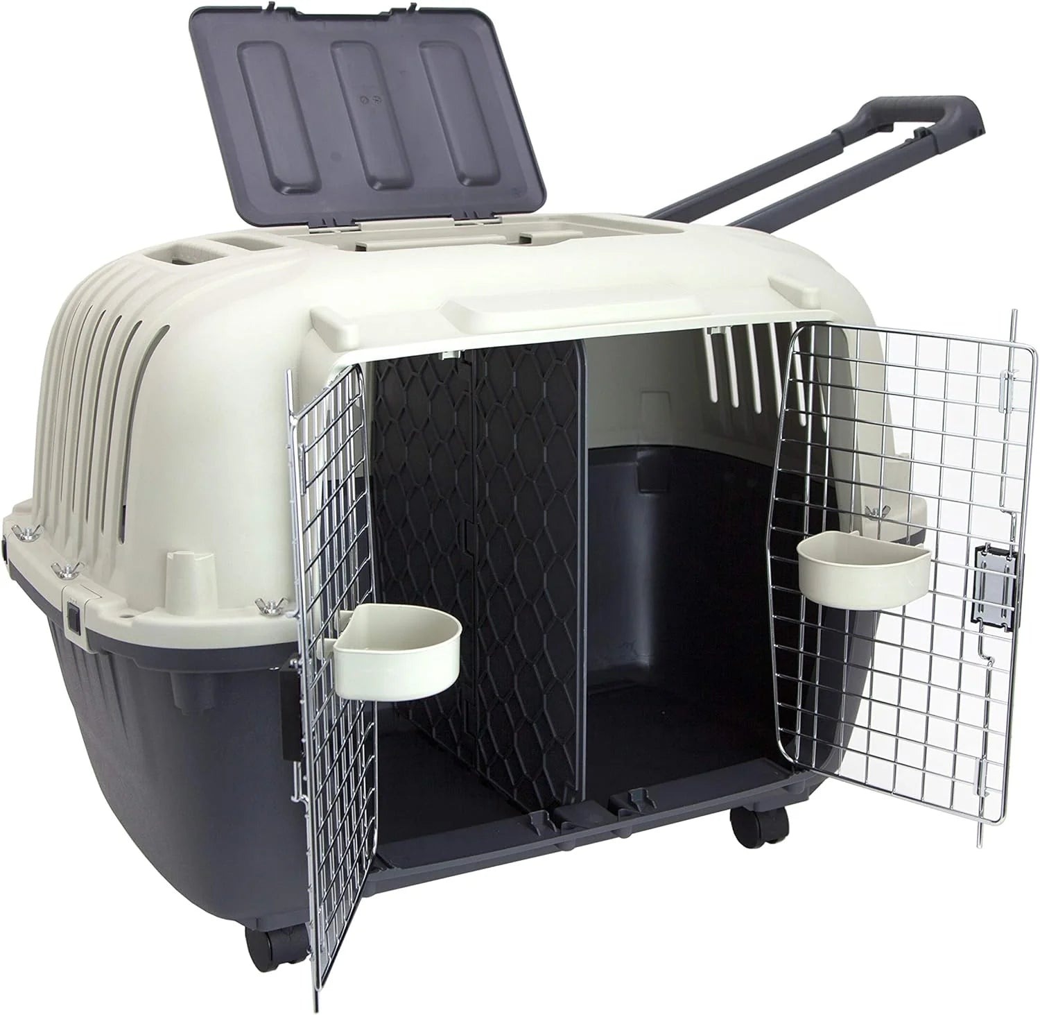 SportPet Designs Plastic Airline Approved Rolling Dog Kennel With Wire Door, XXX-Large, Gray, 48in L x 32in W x 36in H