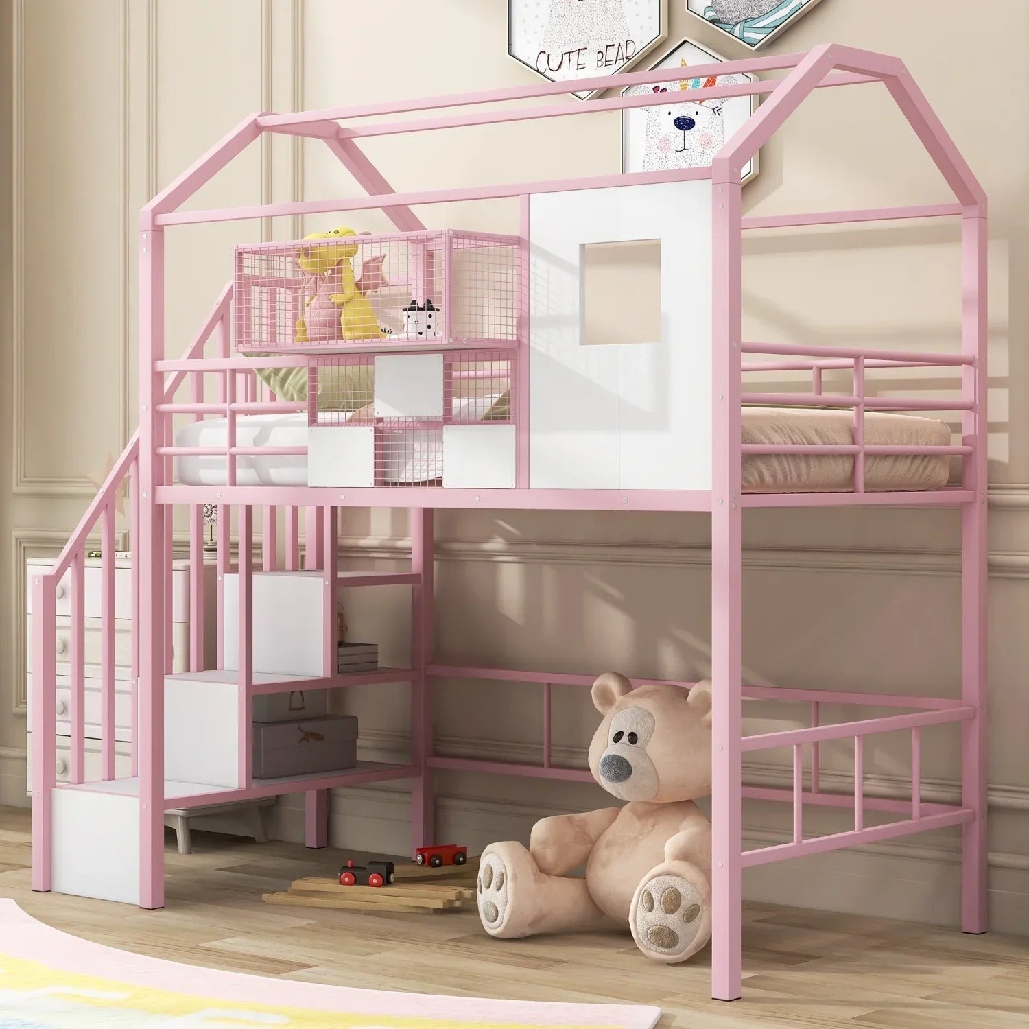 Pink Twin Metal Loft Bed With Roof Design And Storage Box