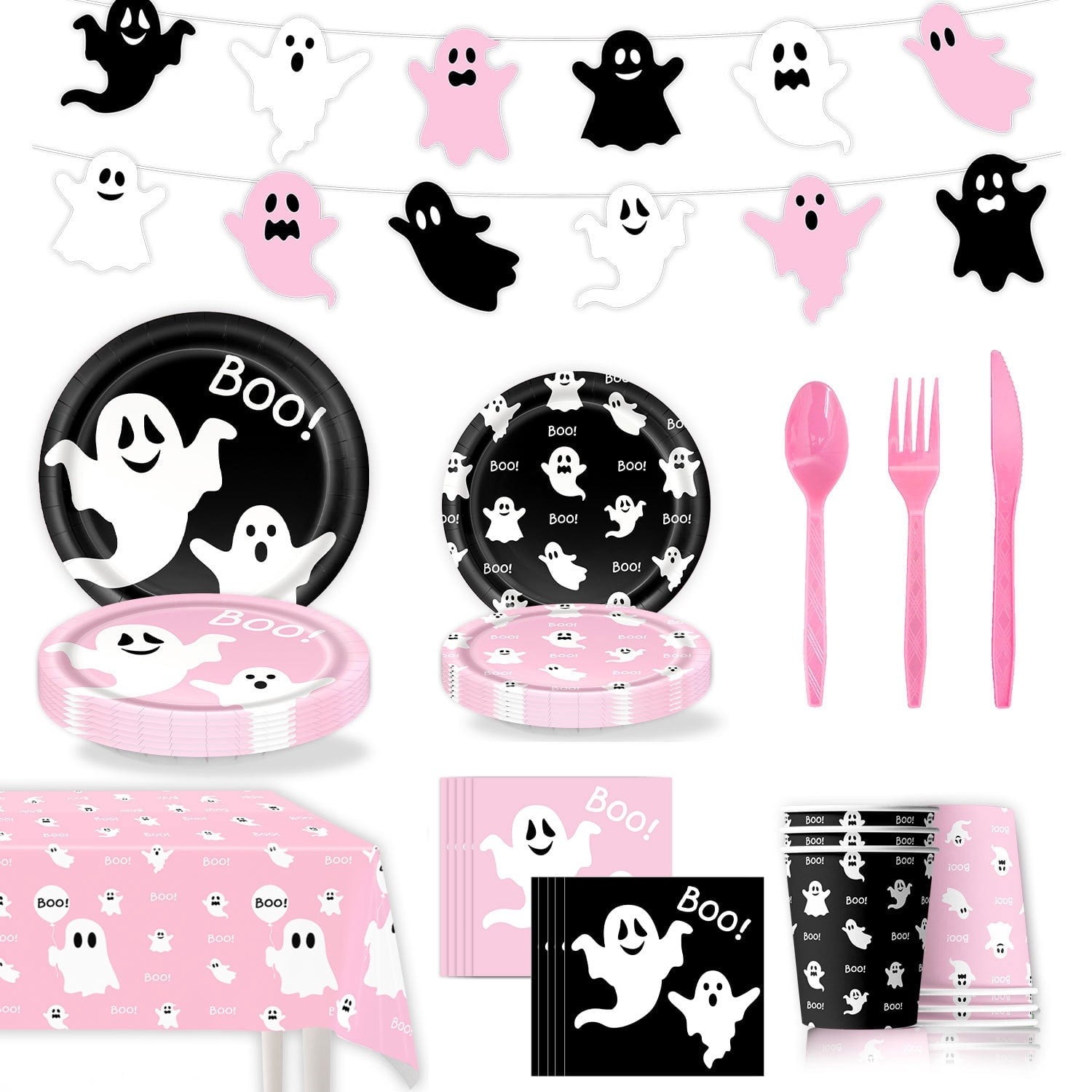50/73/93Pcs Halloween Boo Party Tableware Supplies Decorations, Spooky Ghost Plates Napkins Boo Ghost Tableware Tablecloth Banner for Halloween Birthday Party Boo Baby Shower Party Supplies