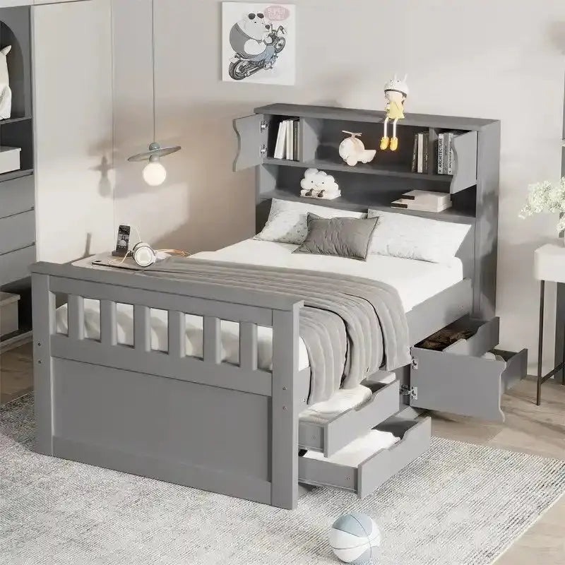 Twin/Full Captain Bed With 4 Drawers And Bookcase Headboard - Solid Wood Platform Frame