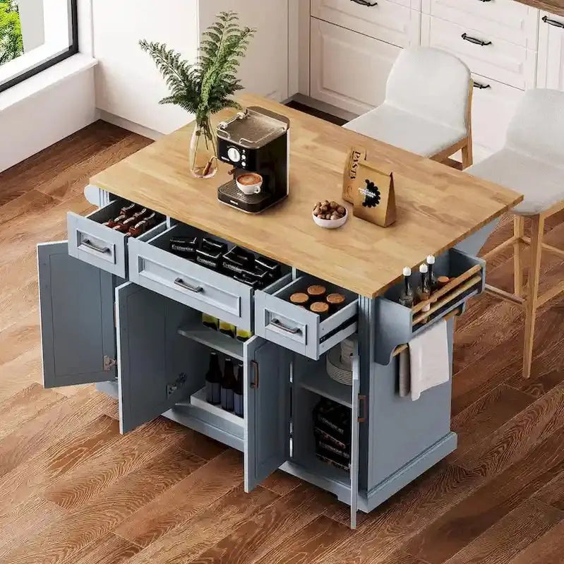 Rubberwood Kitchen Island Cart, 54-inch Drop-Leaf, 4 Doors, 3 Drawers - Embossed Finish