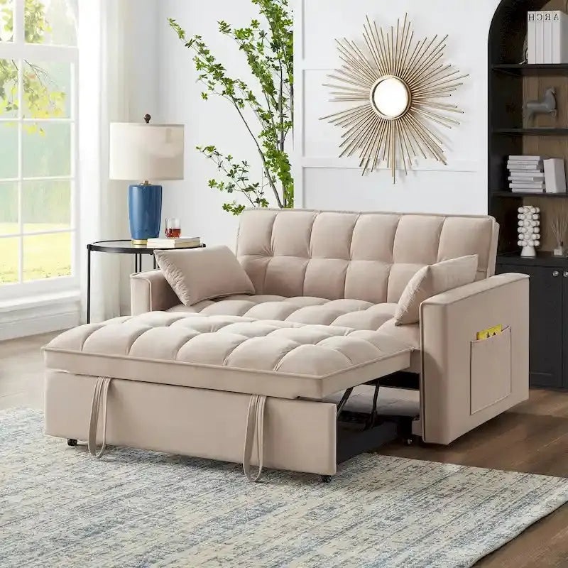 Tufted Loveseat Sofa Bed - Pull-Out Sleeper With Adjustable Backrest And Storage Pockets