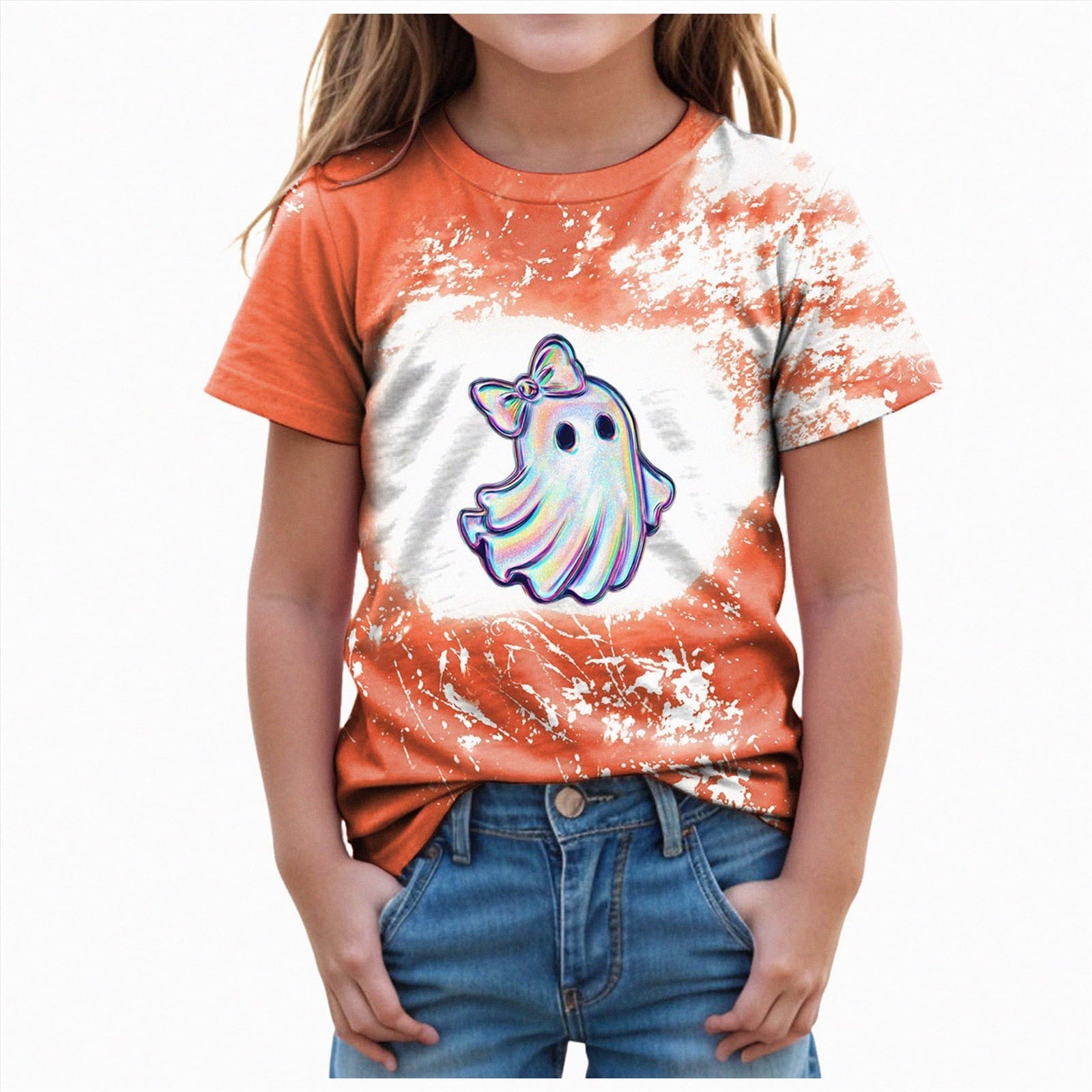 CAUYDY Halloween Ghouls Ghost Retro Girl Kids T-Shirt Graphic Tshirt Little Kids Fall Short Sleeve Tee Tops(Orange, 8-9 Y)