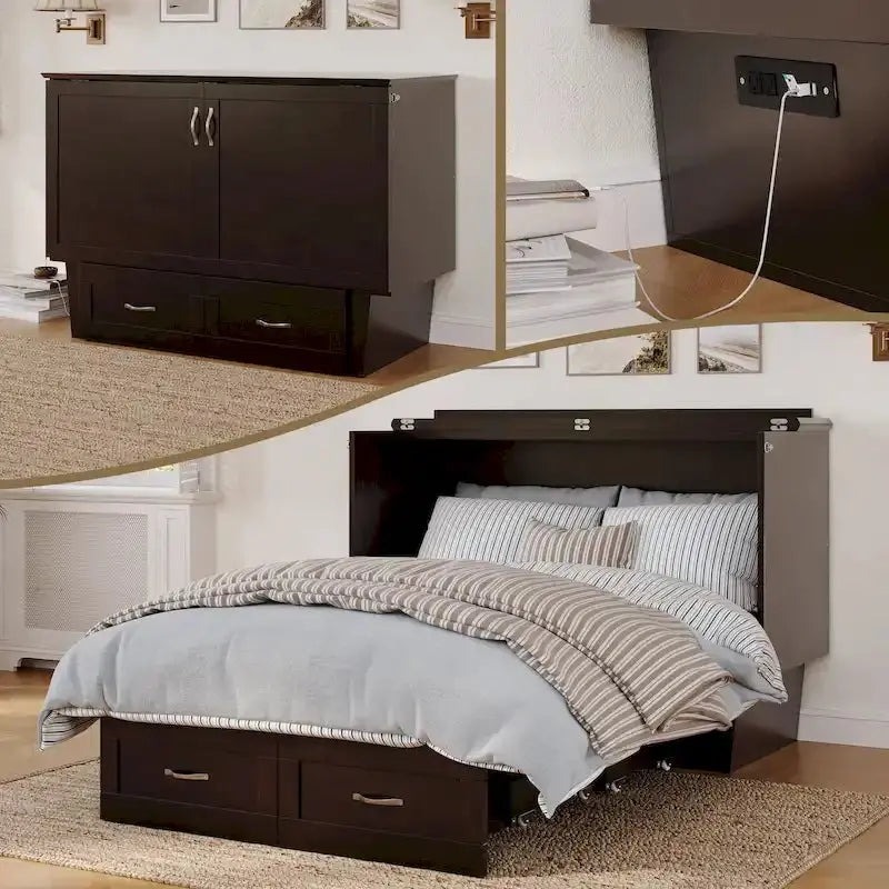 Monroe Full-Size Murphy Bed Chest With Memory Foam Mattress And Storage Drawer