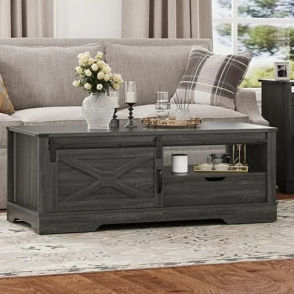 AYFDEGT Farmhouse Coffee Table 48 x 22 inch With Sliding Barn Door And Open Shelves