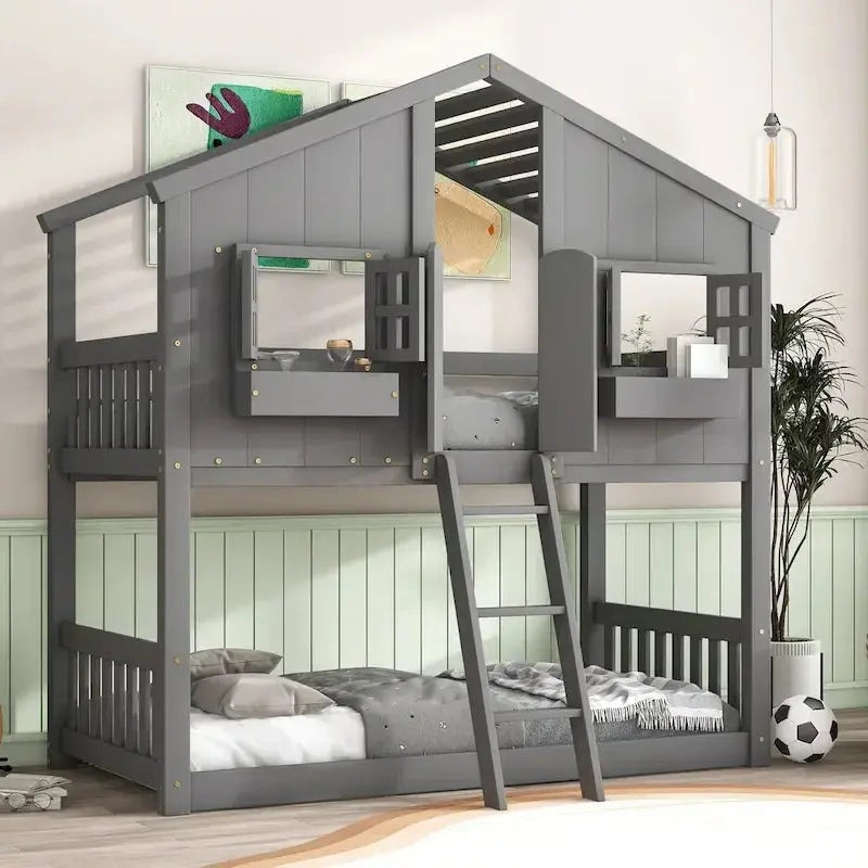 Twin-Over-Twin Playhouse-Style Bunk Bed - Grey With Roof, Window & Safety Rails