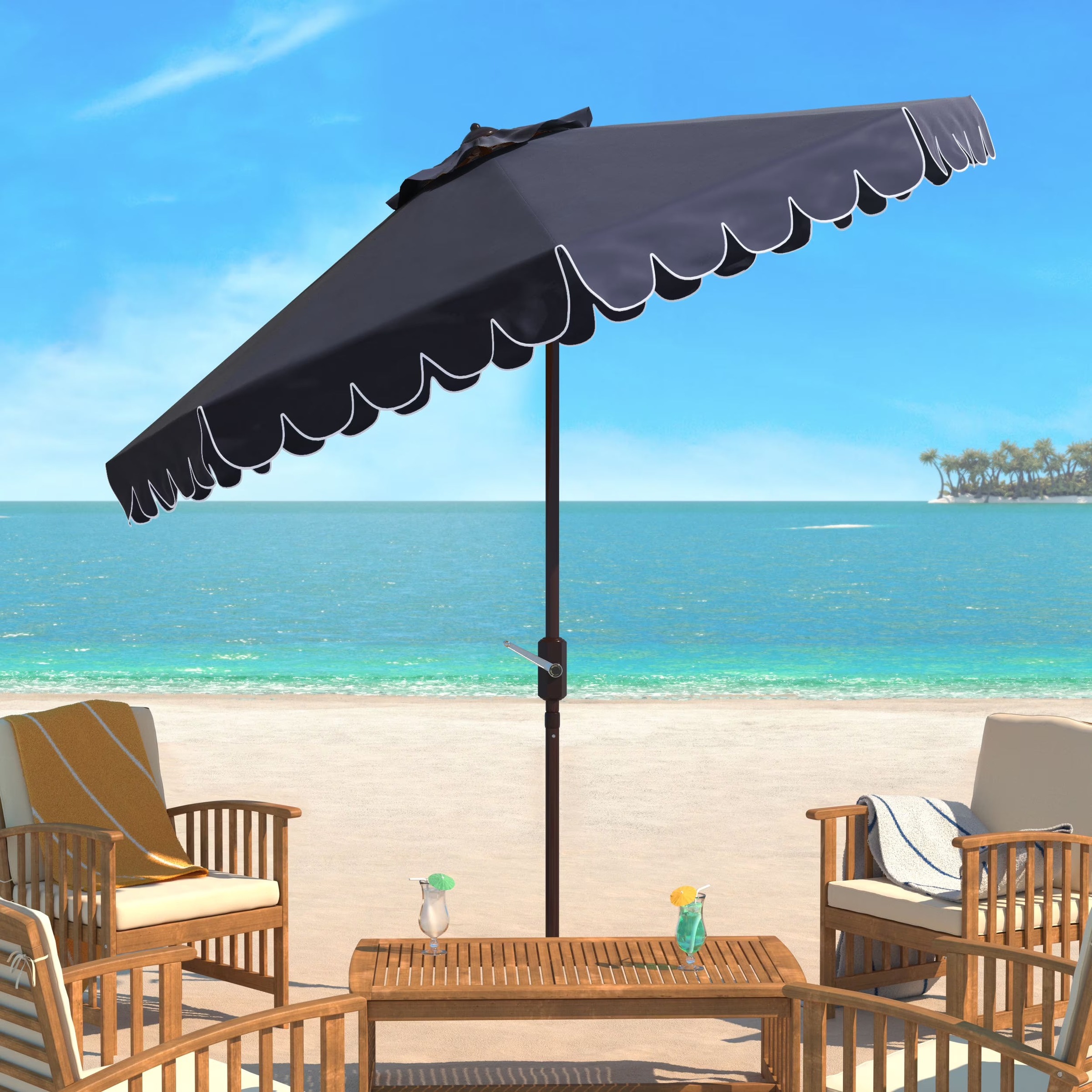 Safavieh Patio Umbrella 9' Crank Tilt Navy/White - Venice