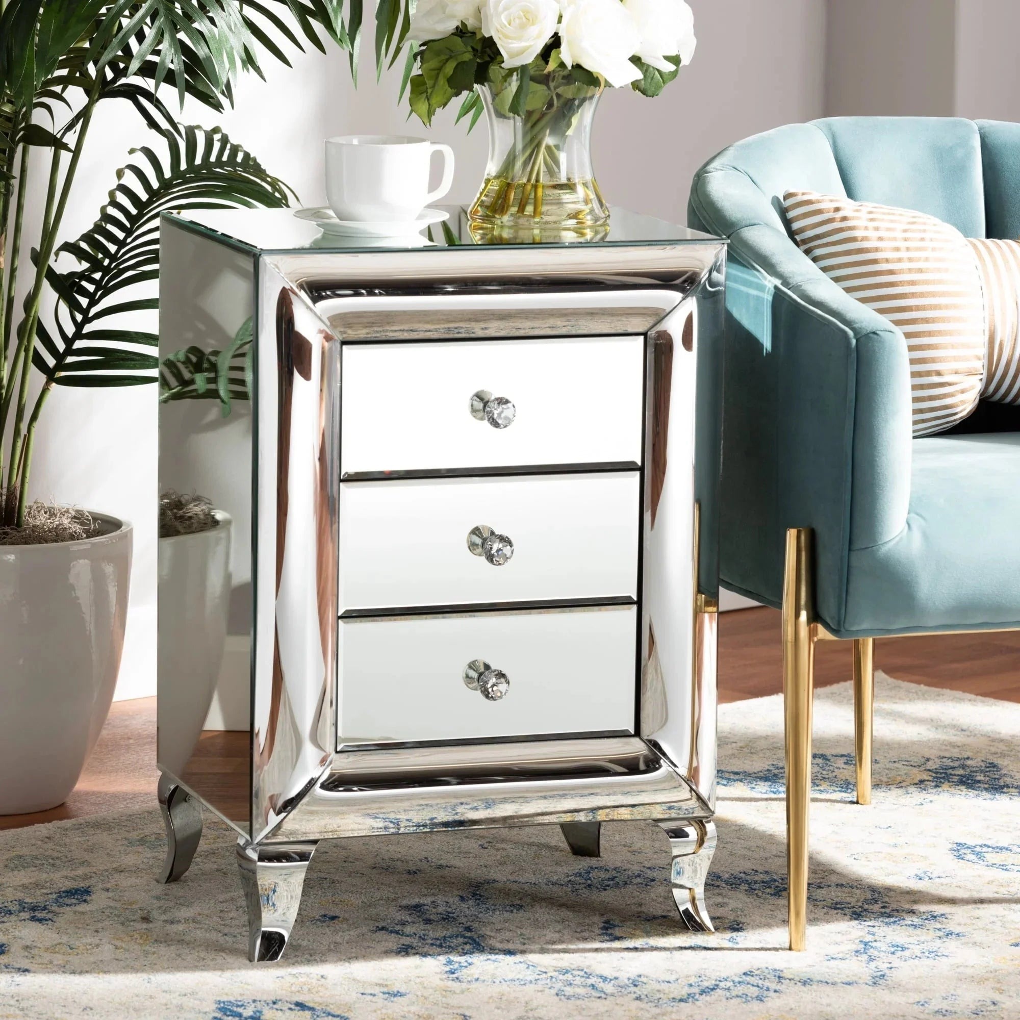 Baxton Studio Pauline Mirrored 3-Drawer End Table
