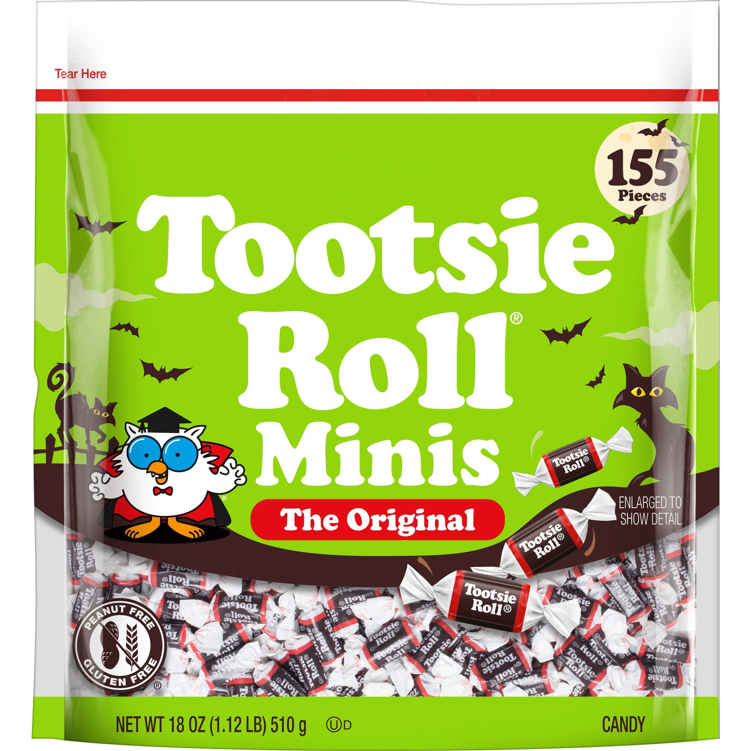 Tootsie Roll Midgees, Chewy Halloween Candy, Individually Wrapped, 18 oz, 155 Piece Bag. Peanut Free and Gluten Free. Contains Milk and Soy.