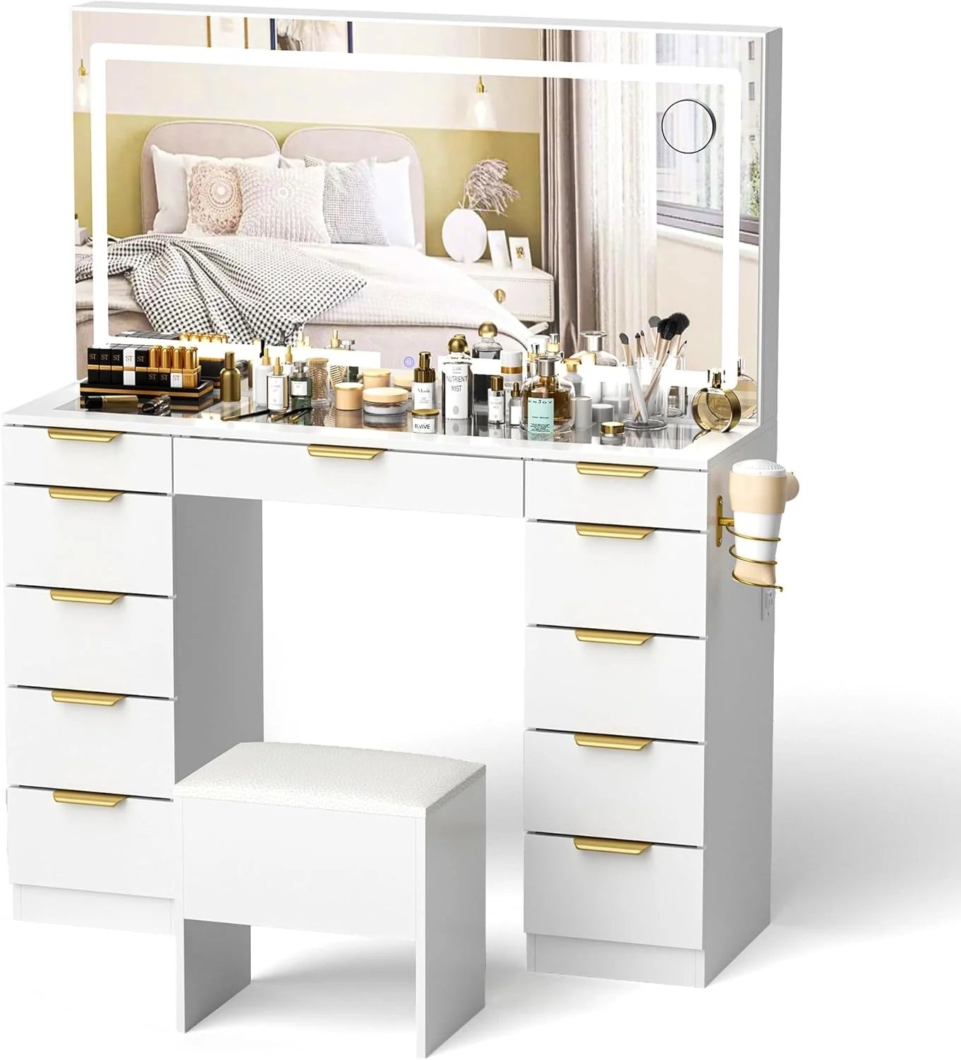 Glass Top Makeup Vanity Desk With Mirror, Lights, 11 Drawers And Bench - White