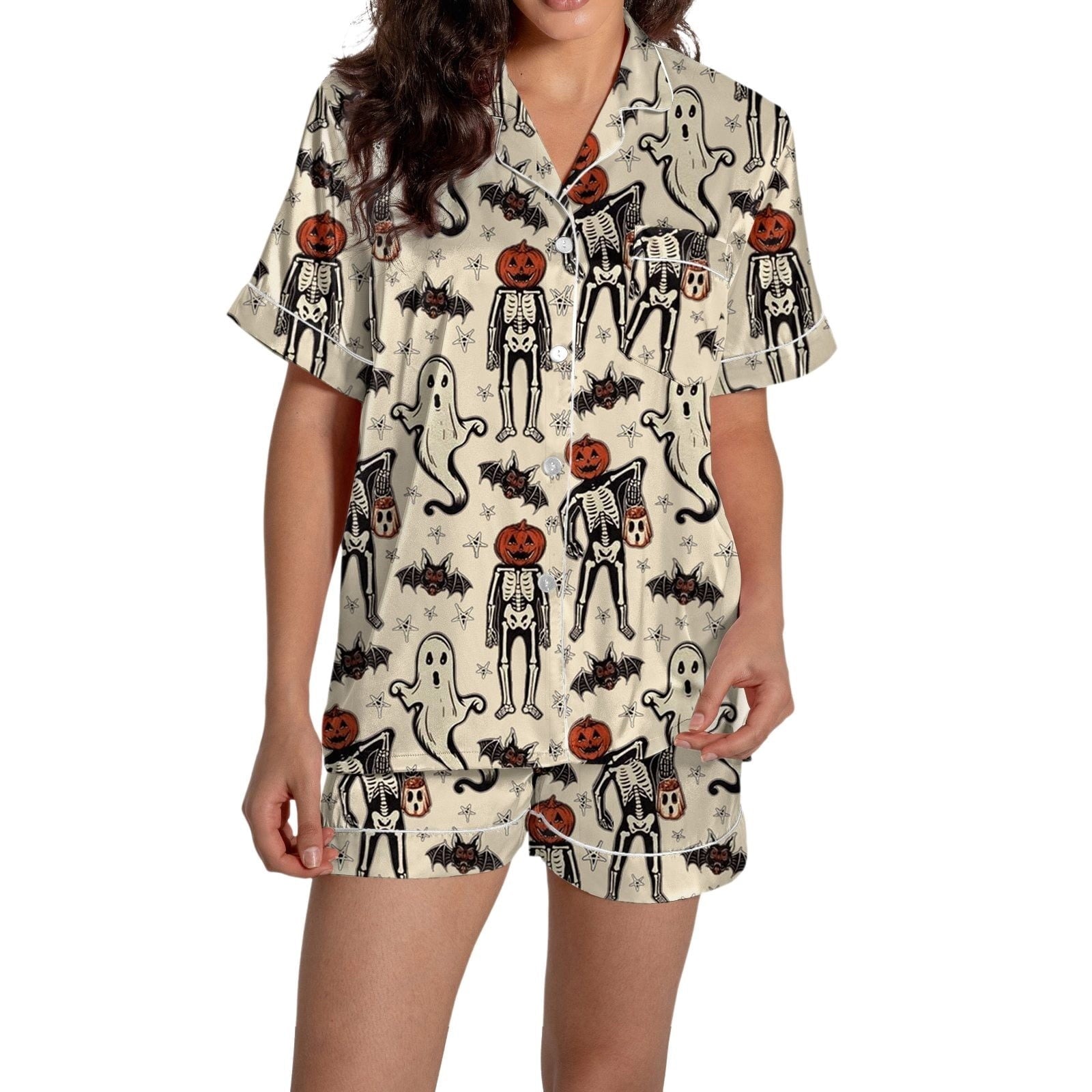 ChenYiFH Halloween Pajama Sets For Women 2 Piece Pumpkin Print Shirts And Pajamas Shorts Button Down Short Sleeve Sleepwear Black S