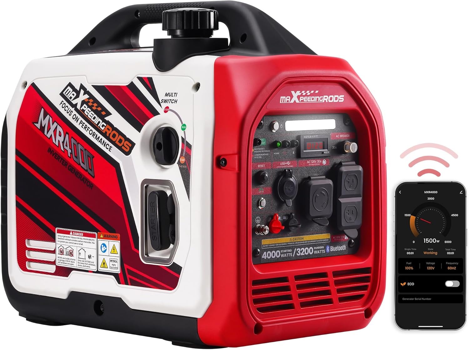 maXpeedingrods 4000 Peak Watt 3200 Running Watt Portable Gas Inverter Generator With Bluetooth App, RV Ready, CO Alarm - MXR4000