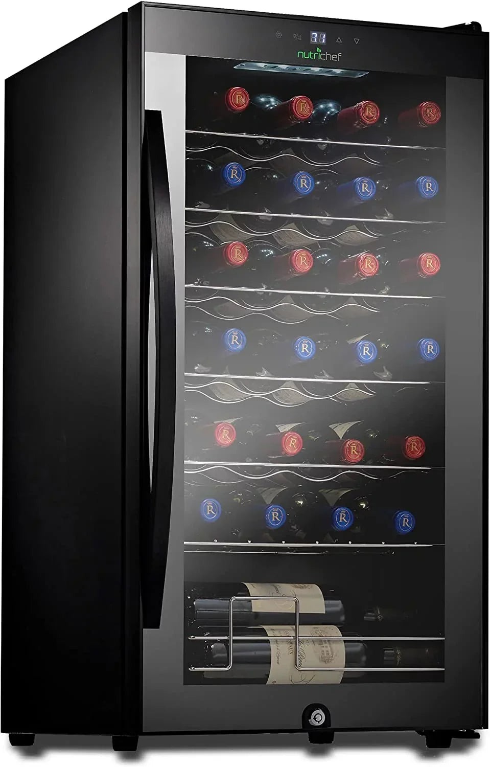 NutriChef Compressor Wine Cooler Refrigerator, 28 Bottle, Black Glass Door