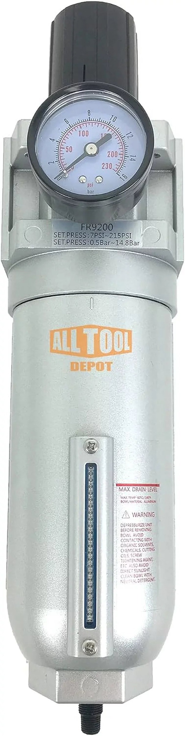 NPT Compressed Air In-Line Filter Regulator Combo, Metal Bowl, 5 Micron, 7 To 175 PSI - Auto Drain