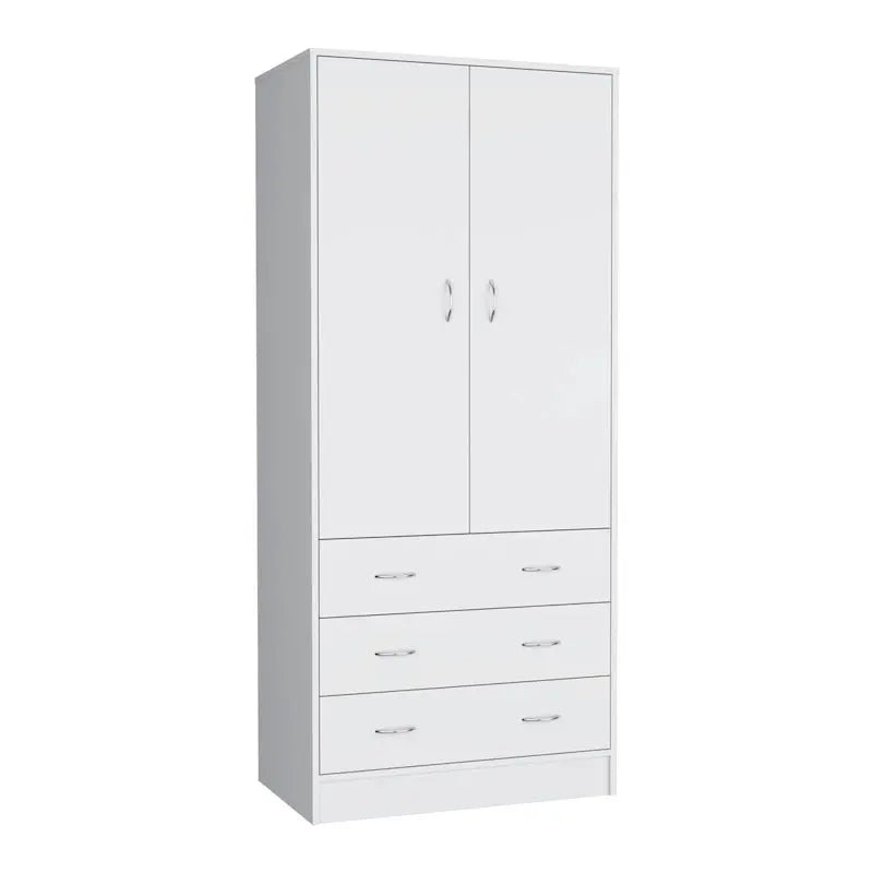 Devali Blue Double-Door Armoire Wardrobe Cabinet With Hanging Rod And Three Drawers - 19-Inch Wide